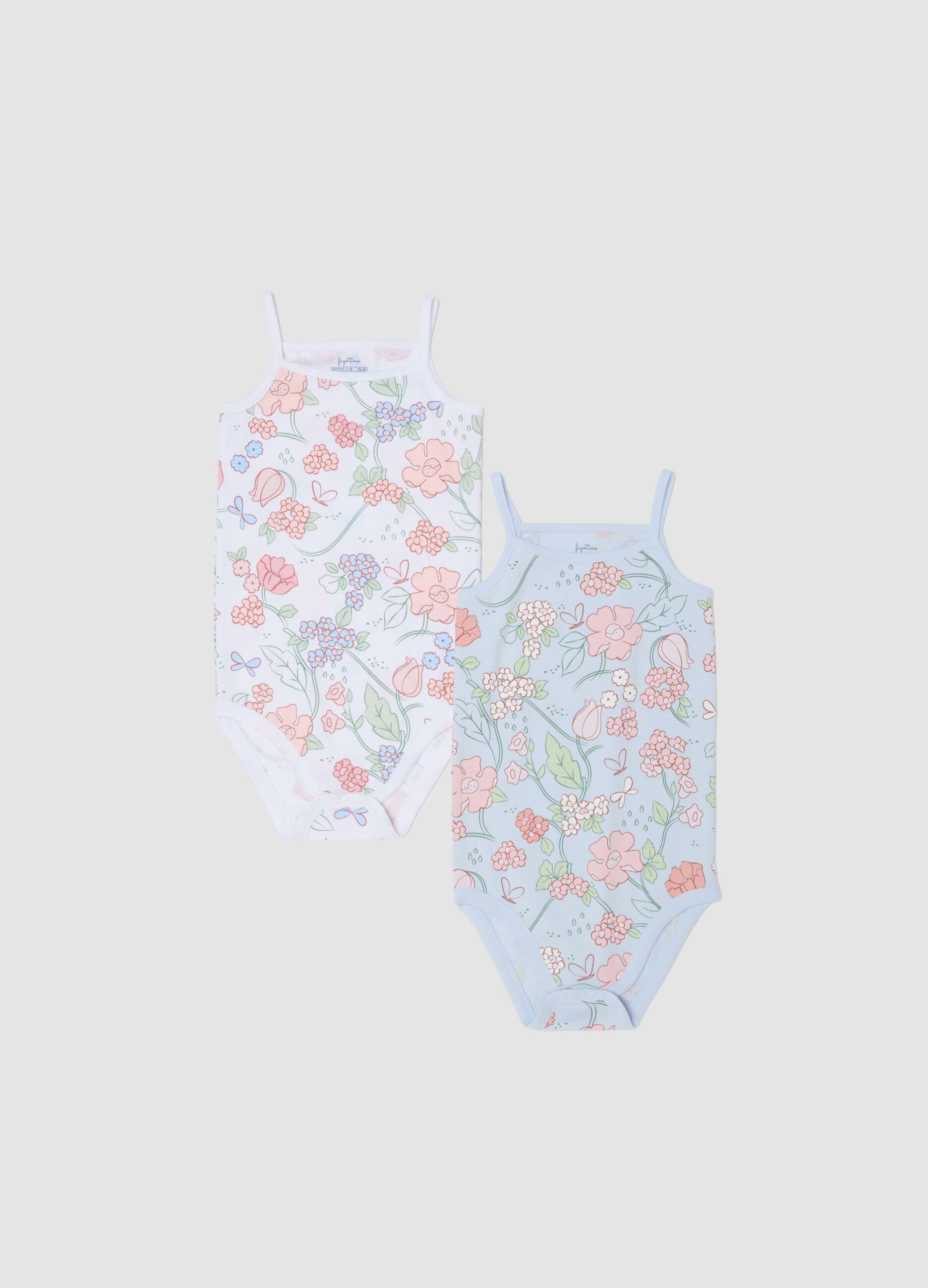 Twin pack of light blue organic cotton bodysuits with floral print
