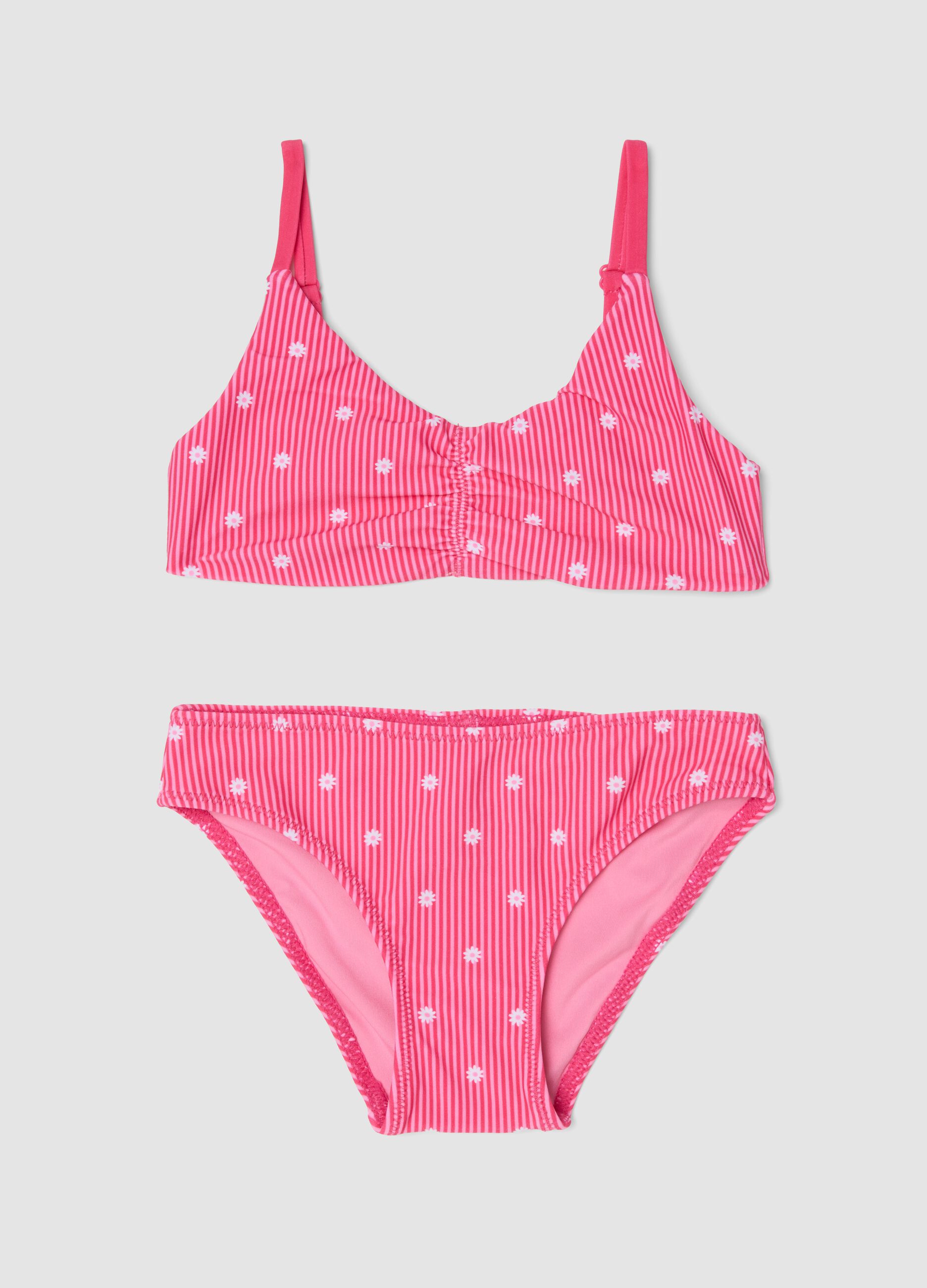 Pink striped stretch bikini with contrast flowers