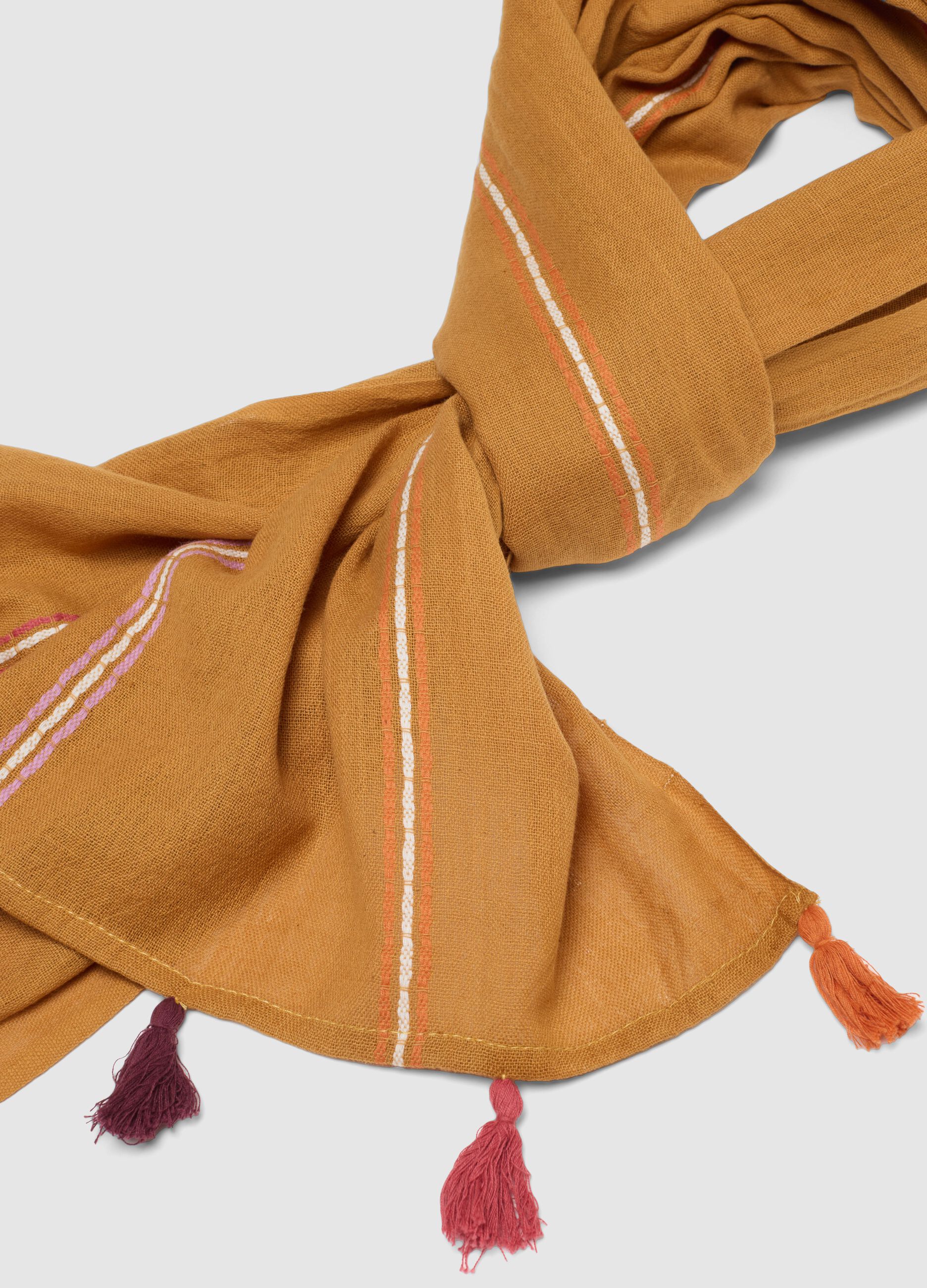 Brown pure cotton scarf with multicolour fringes