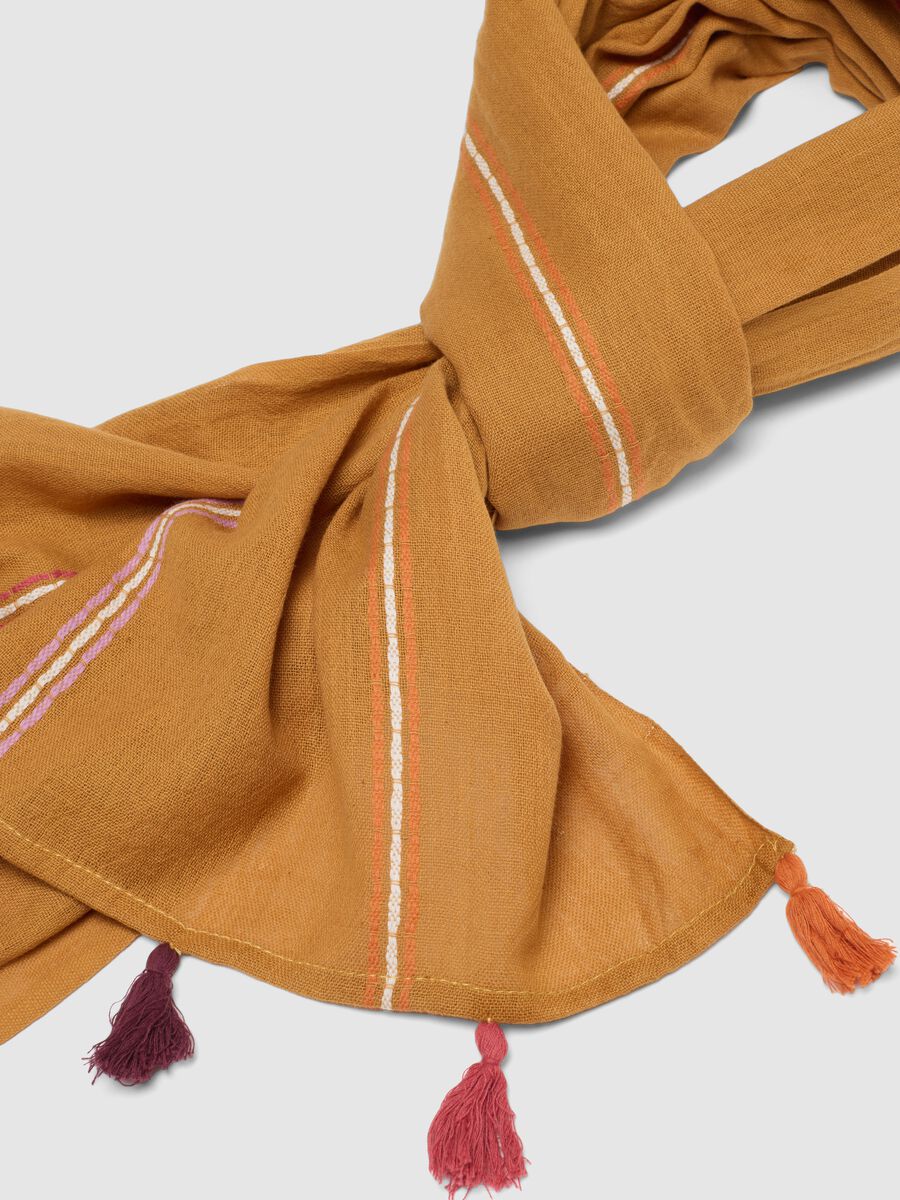 Brown pure cotton scarf with multicolour fringes_1