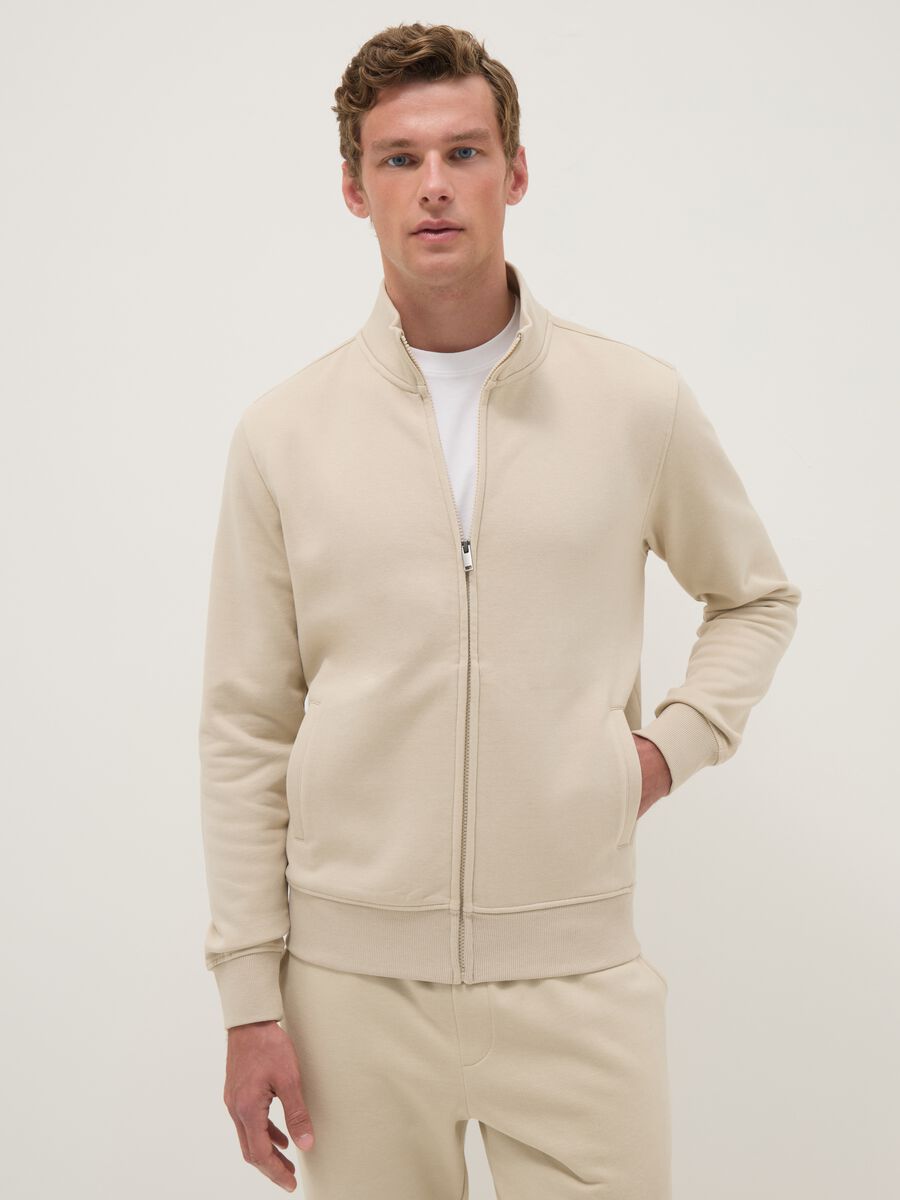 Beige cotton-blend sweatshirt in regular fit with full zip_0