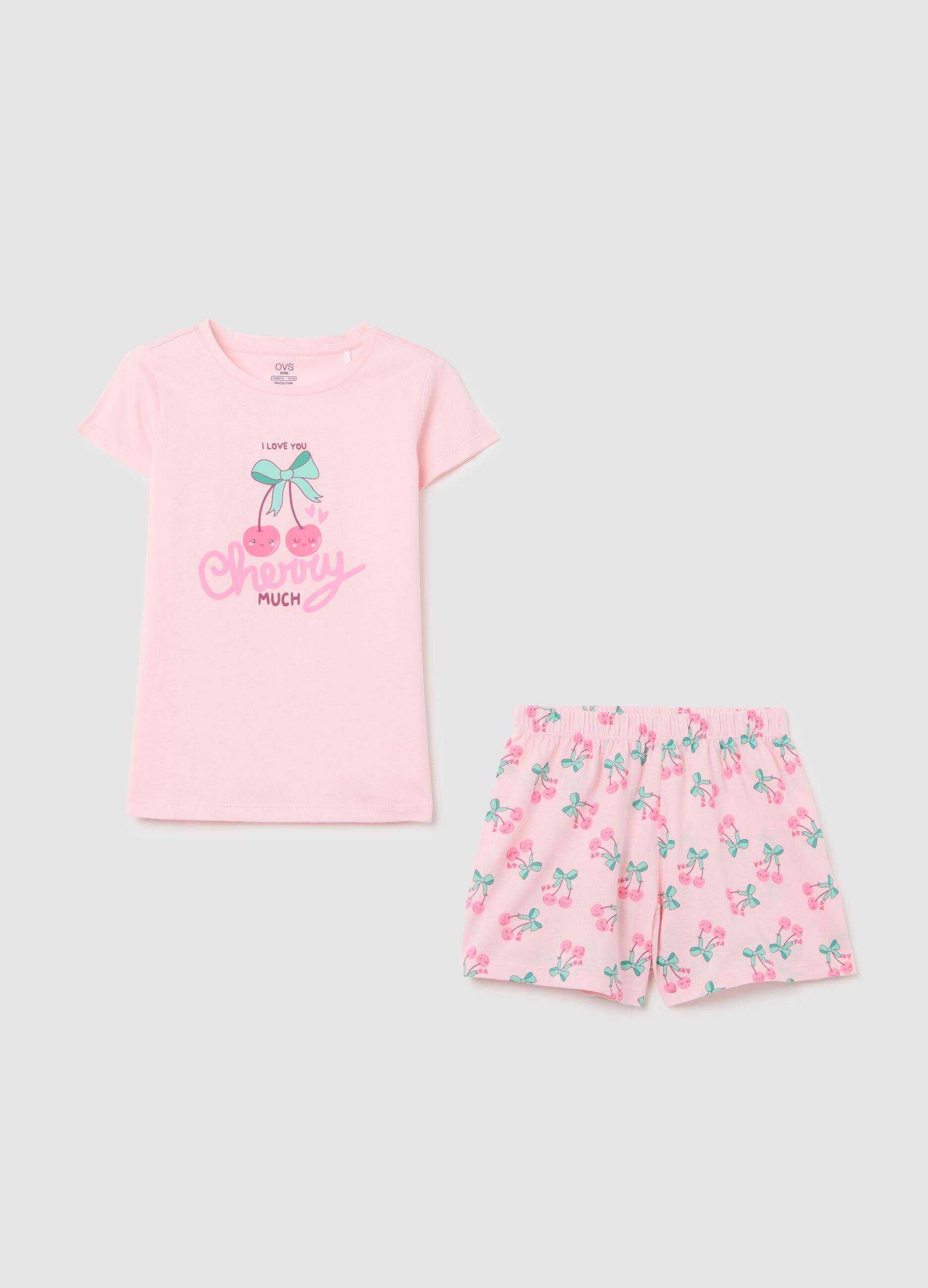 Pigiama corto da bambina in puro cotone rosa regular fit