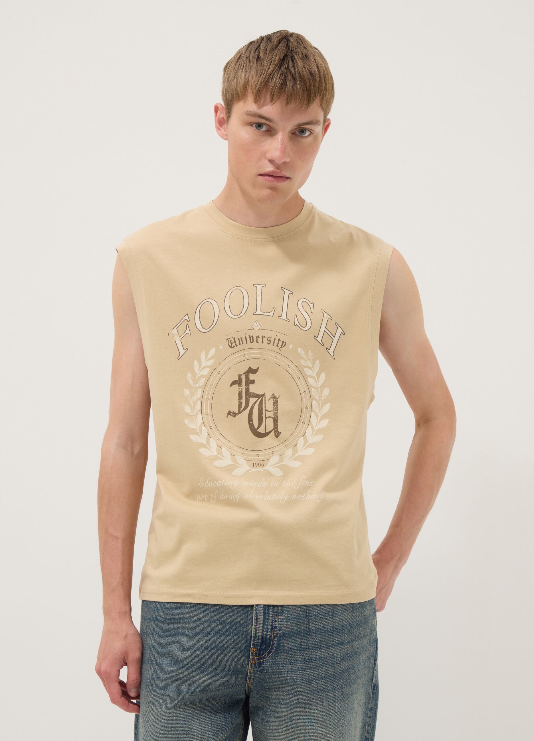 Tank top beige in puro cotone con stampa frontale