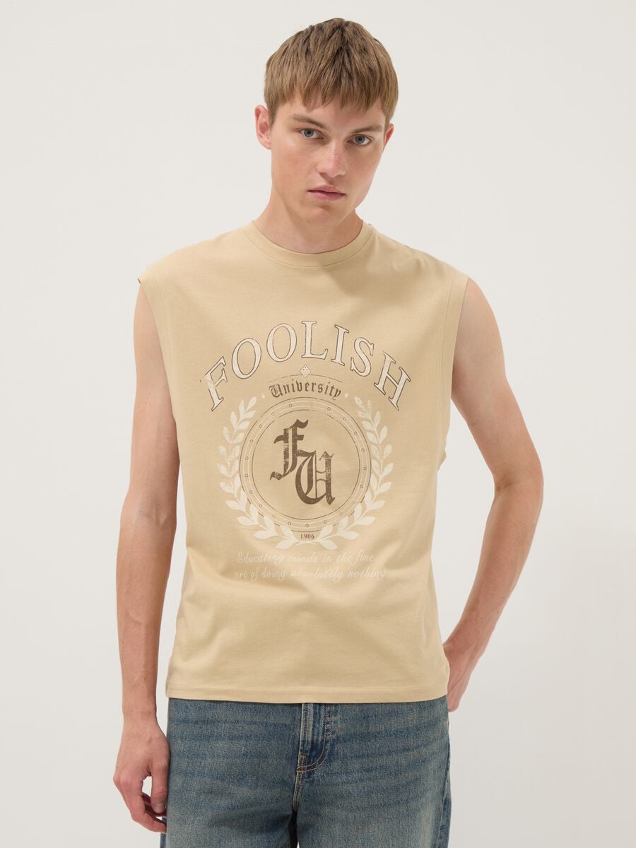 Beige pure cotton tank top with front print_1