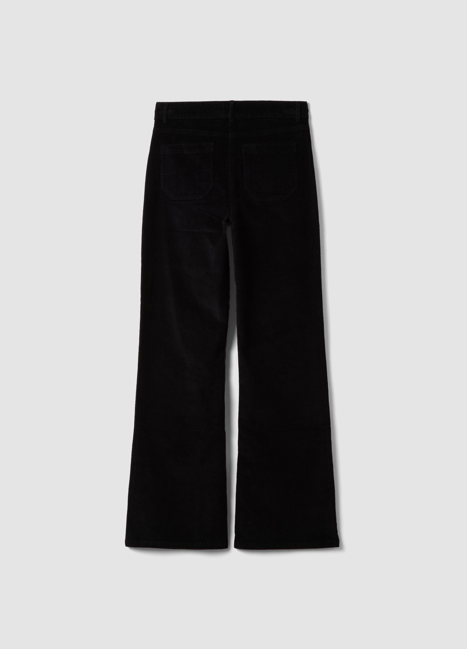 Black ribbed stretch-cotton flared trousers