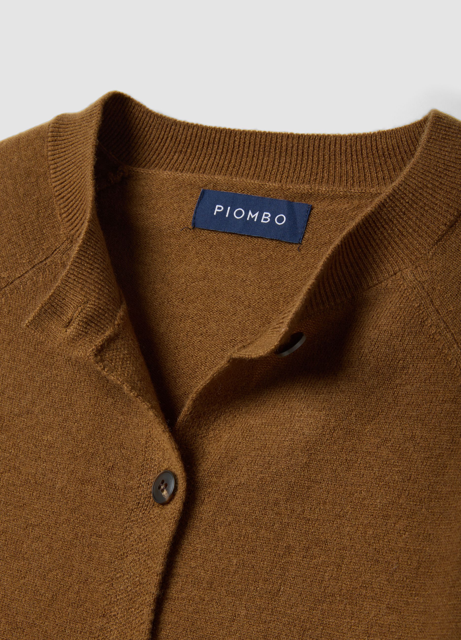 Brown pure wool crew-neck cardigan, regular fit