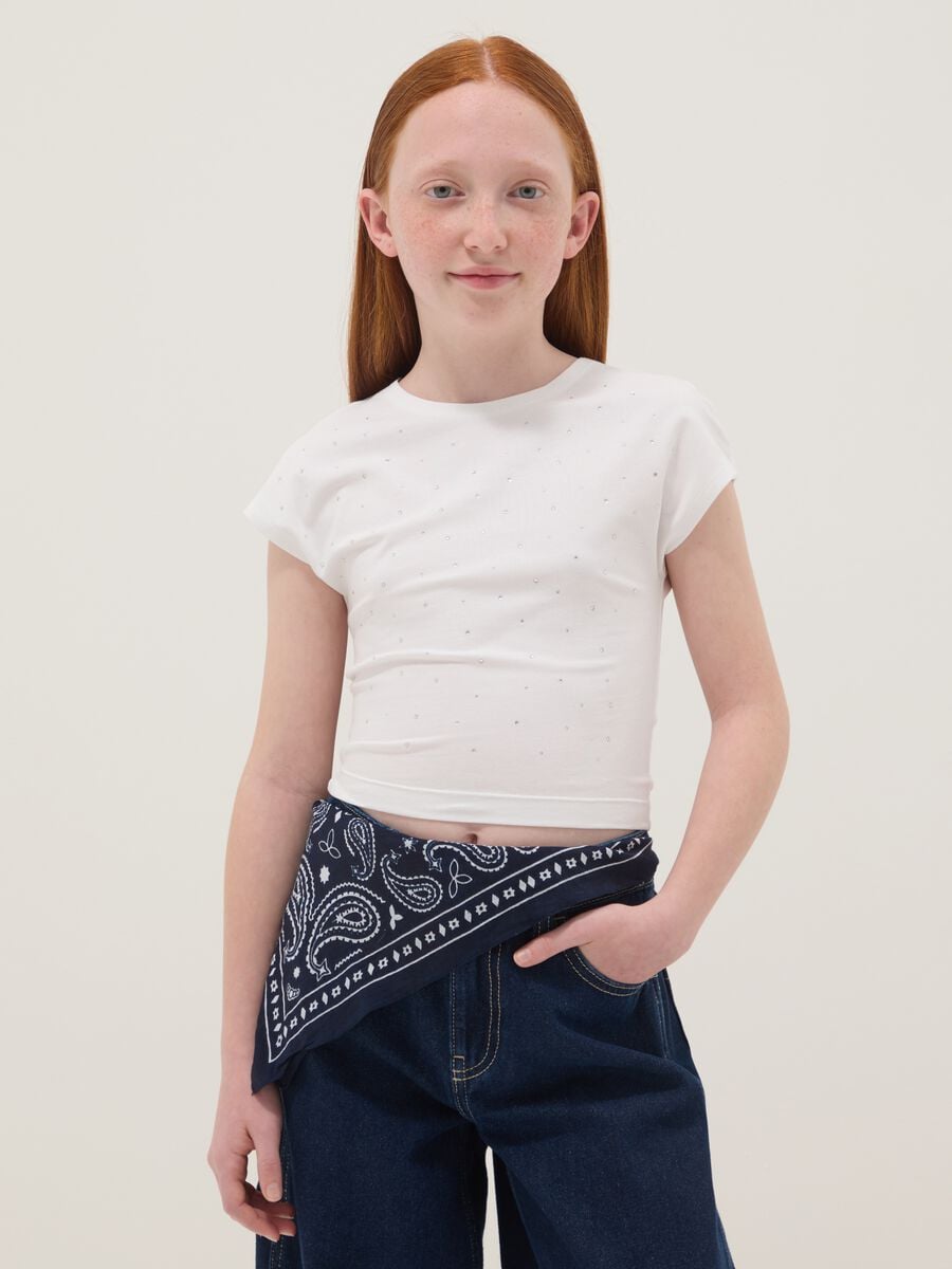 Girls' Slim Fit White Stretch Cotton T-shirt with Rhinestones_0