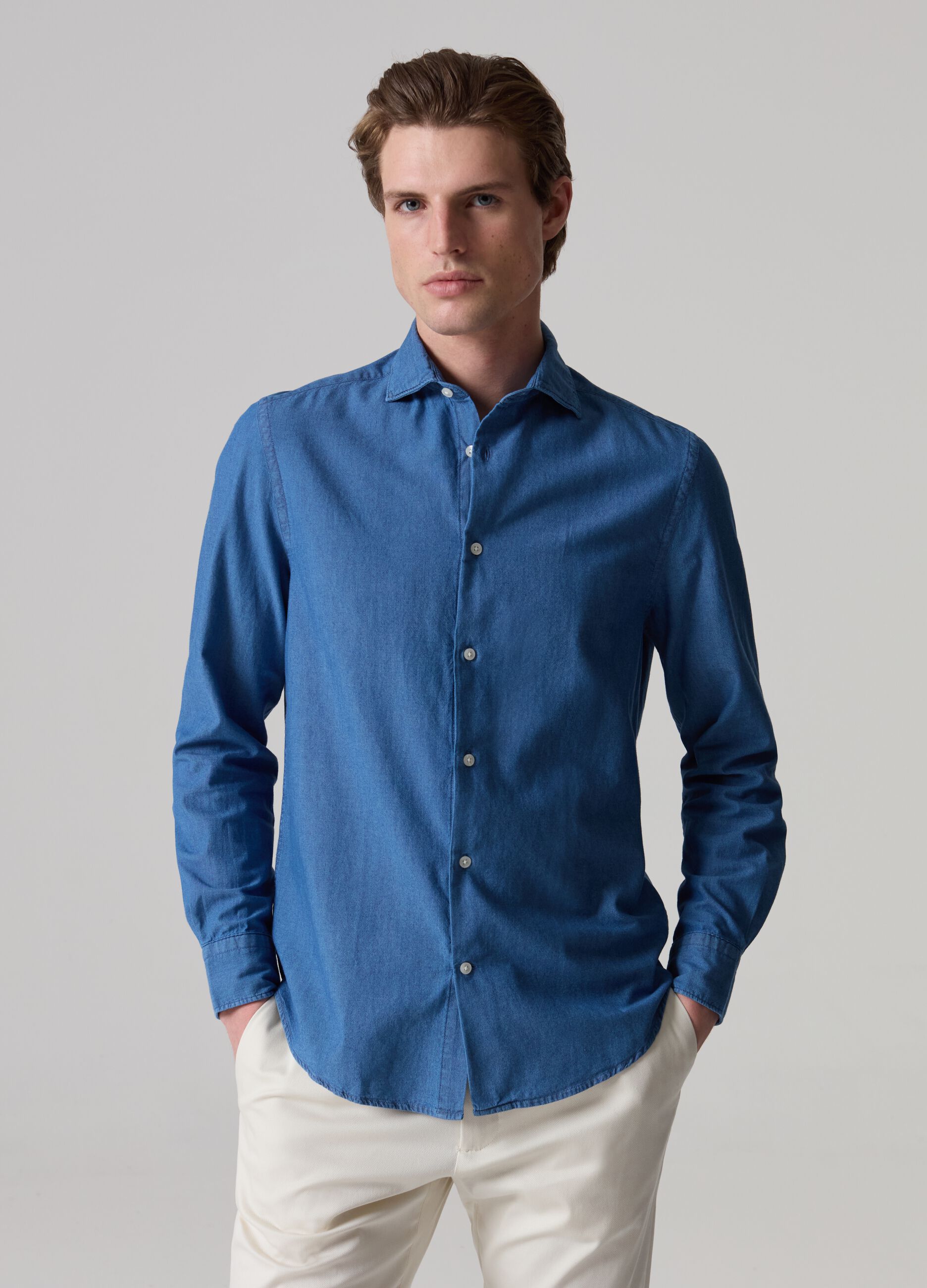 Camicia in chambray con colletto alla francese PIOMBO