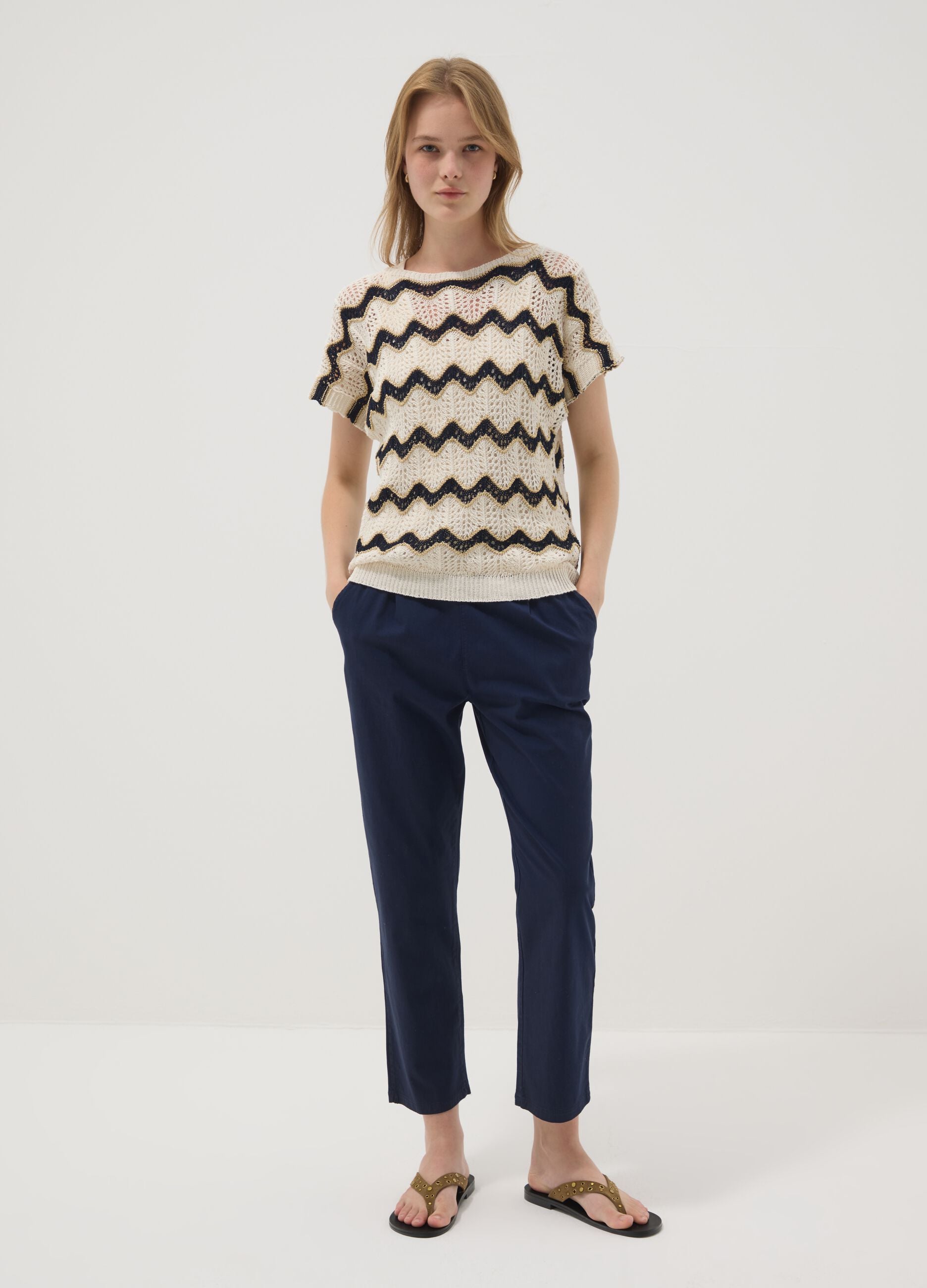 Beige stretch cotton T-shirt with openwork knit detailing
