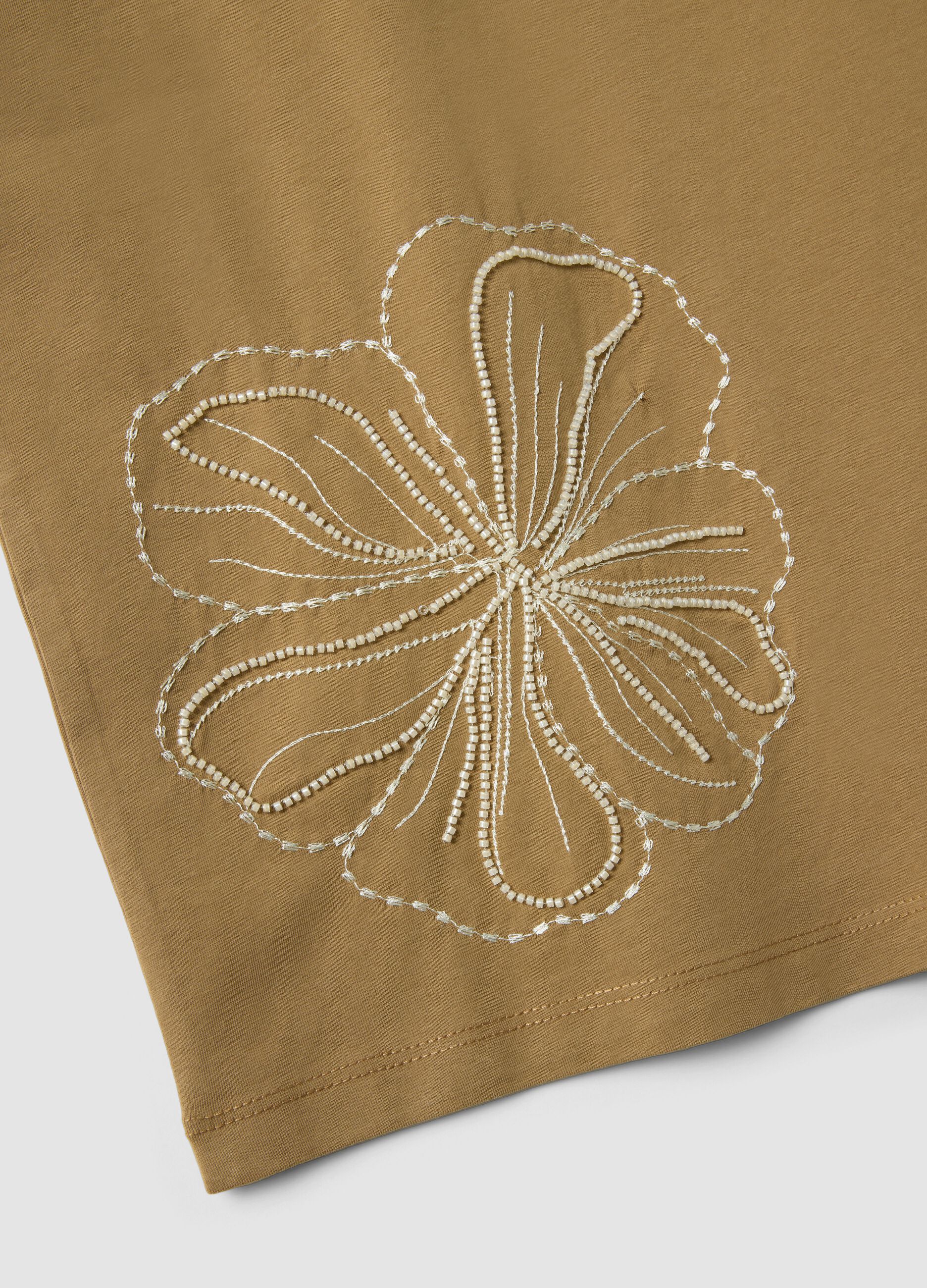Brown cotton blend sleeveless T-shirt, regular fit with embroidery