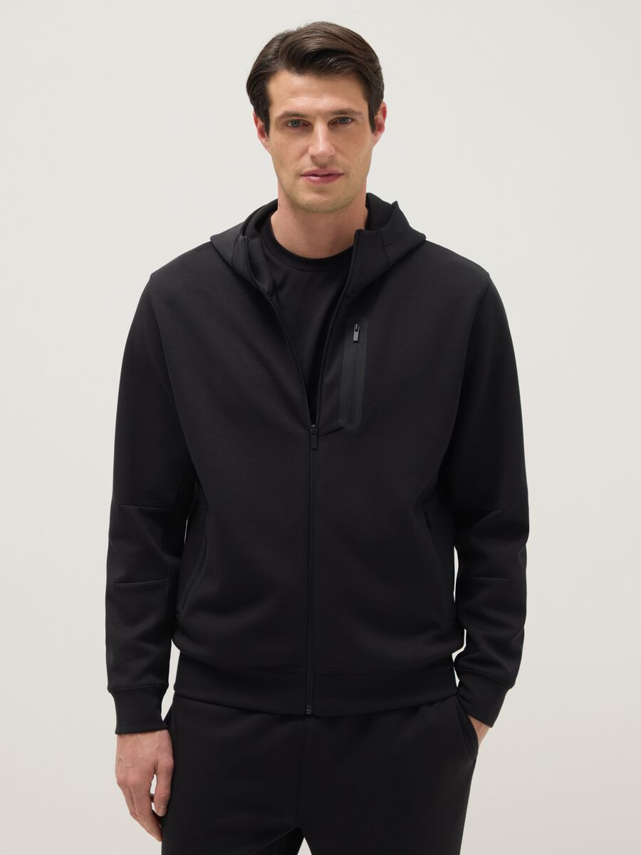 Black regular fit hoodie with front zip collar_0