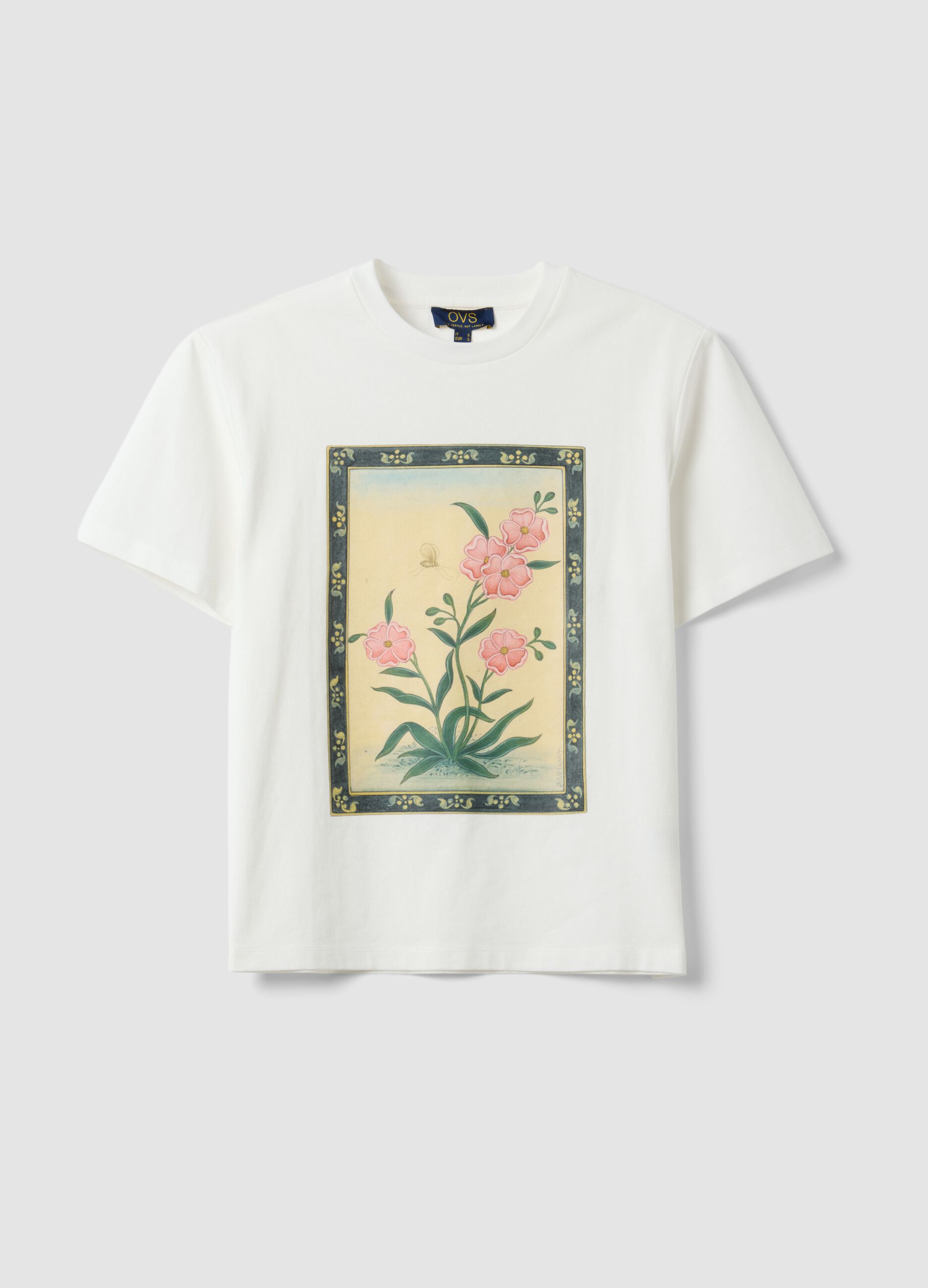 White pure cotton T-shirt with floral print