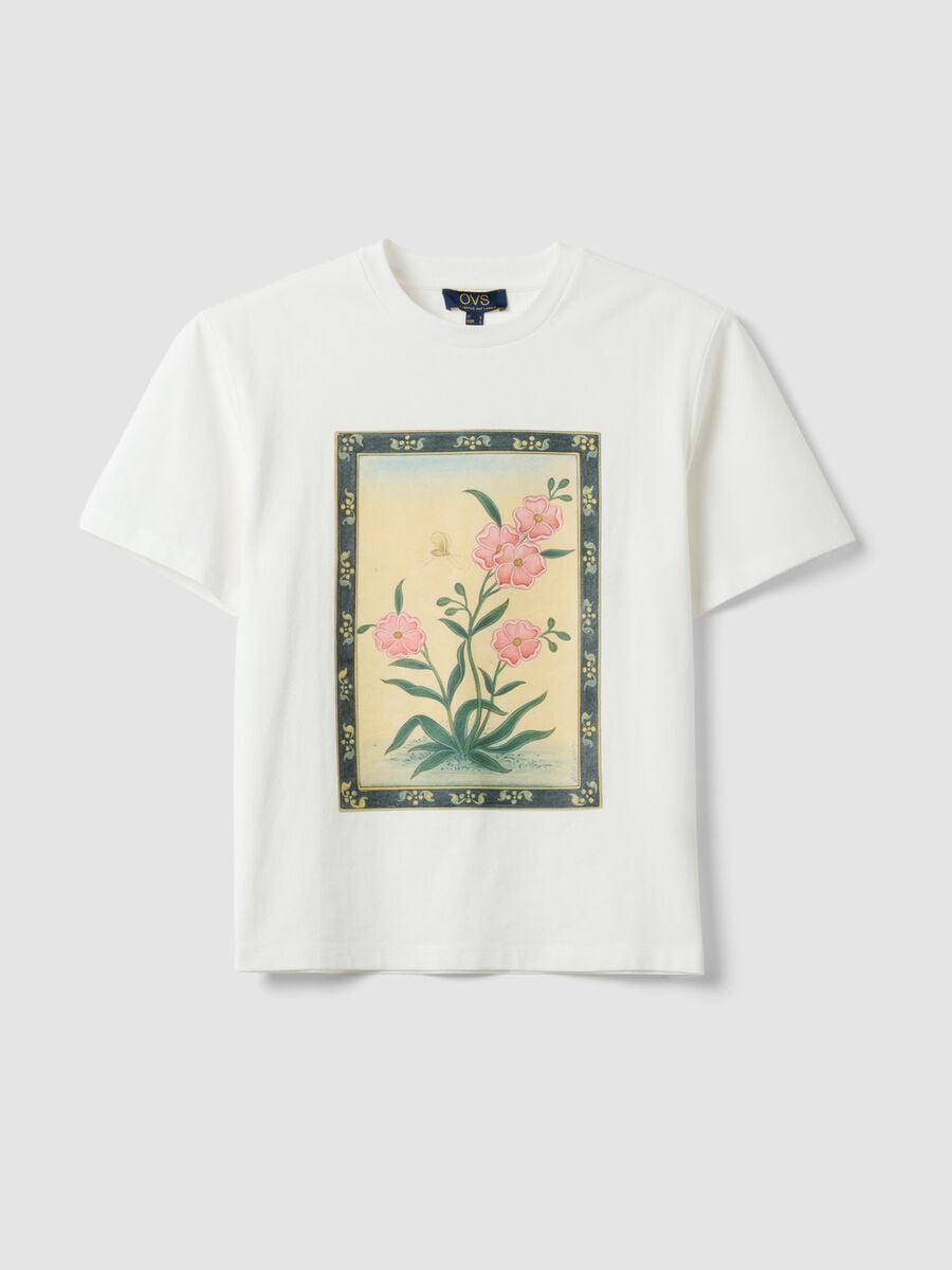 White pure cotton T-shirt with floral print_0