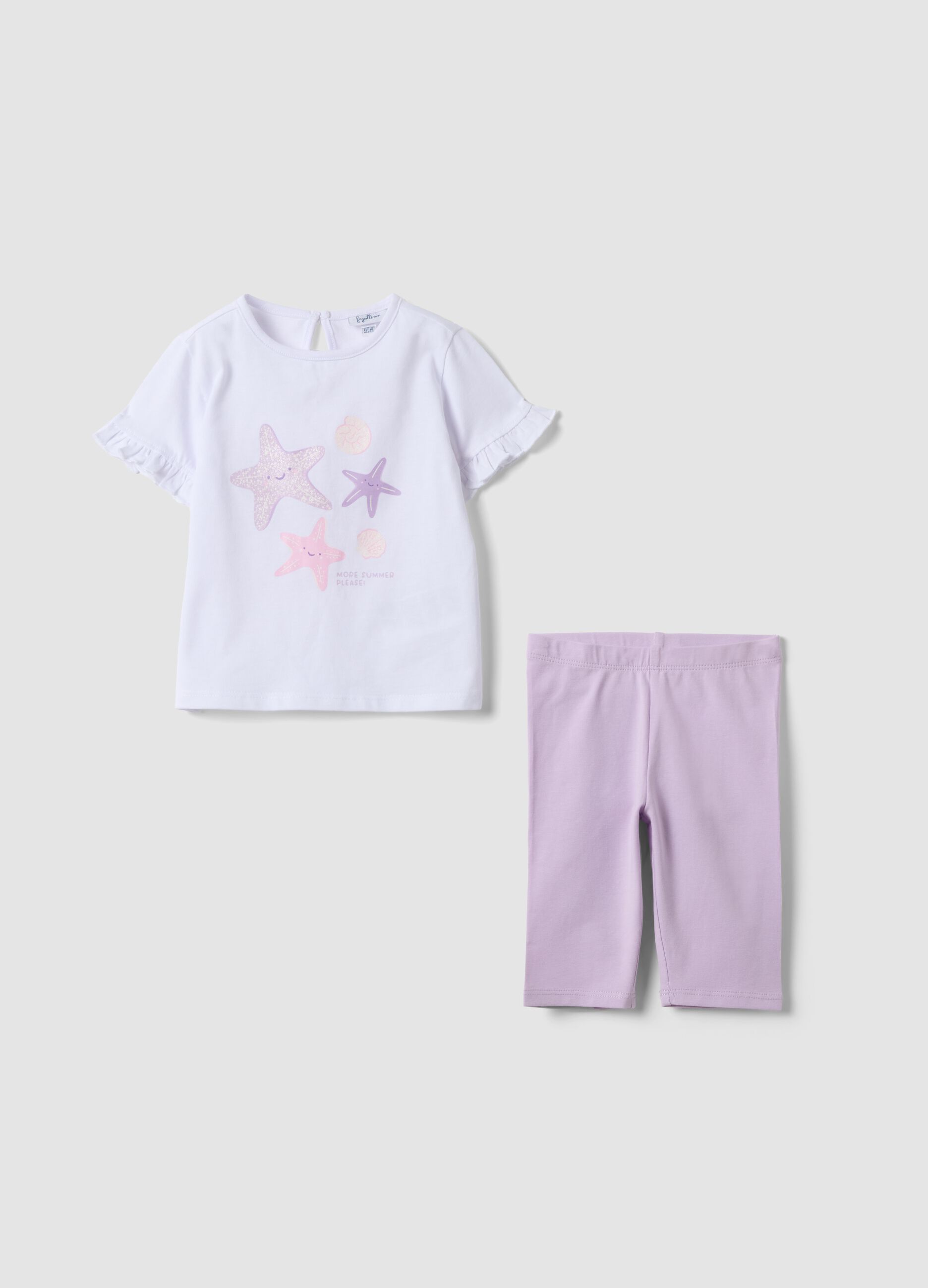 White and pink pure cotton set with T-shirt and leggings