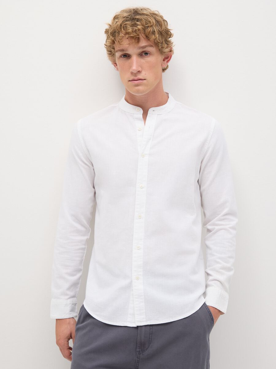Casual long-sleeve white shirt in cotton and linen_0