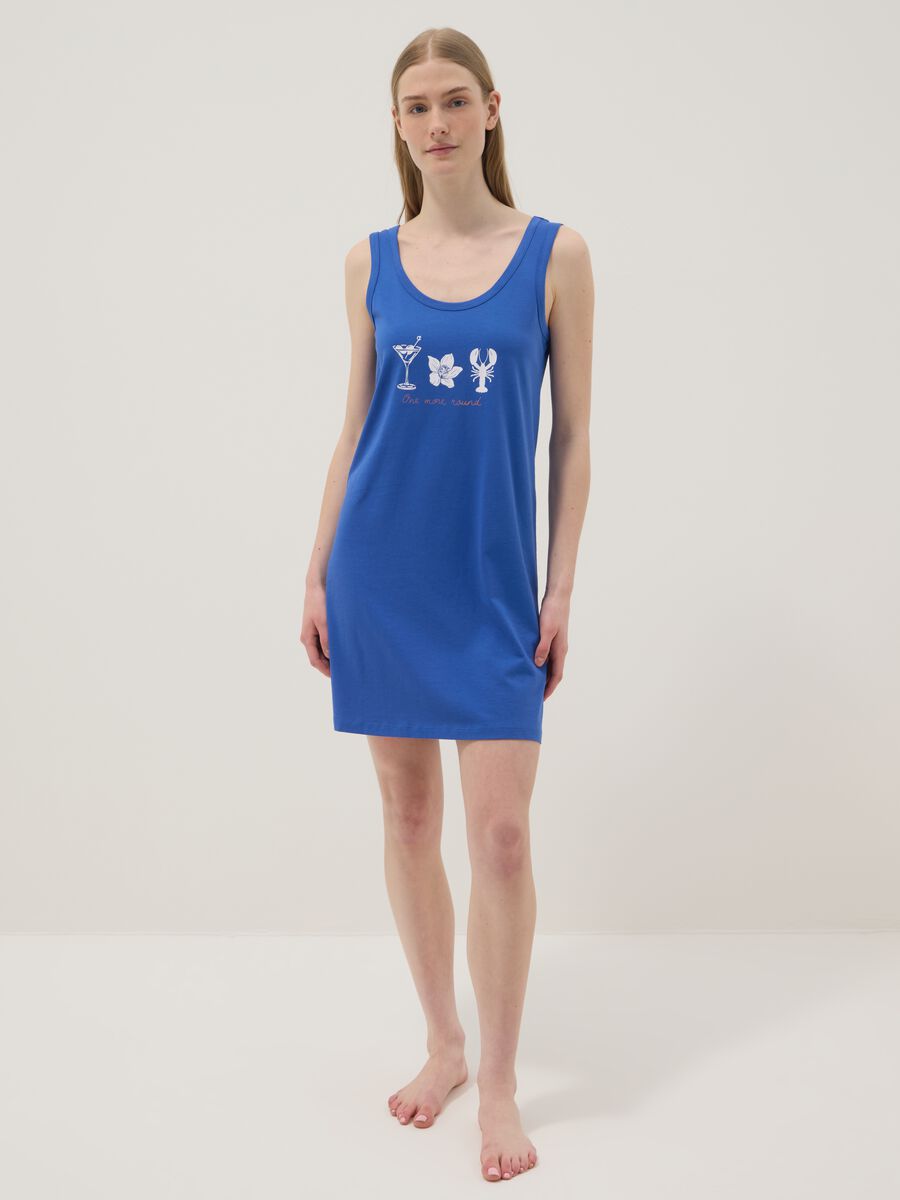 Camicia da notte senza maniche in puro cotone blu con stampe_0