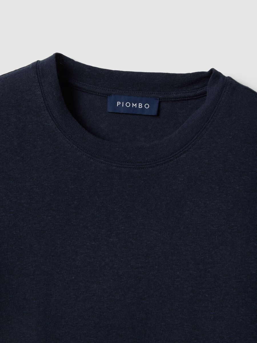 T-shirt in misto lino e cotone blu regular fit_5