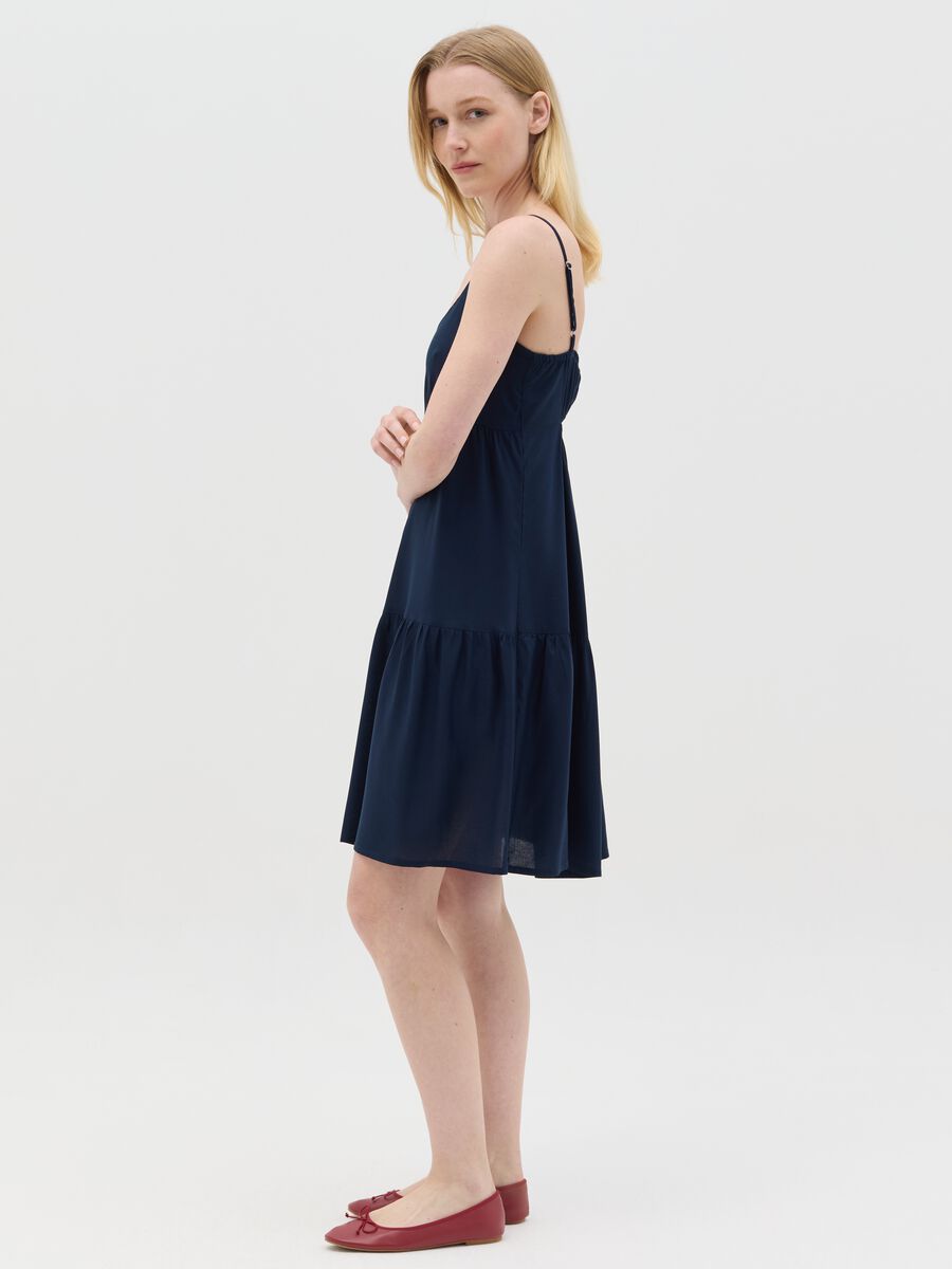 Blue viscose dress with V neck and flounce_1