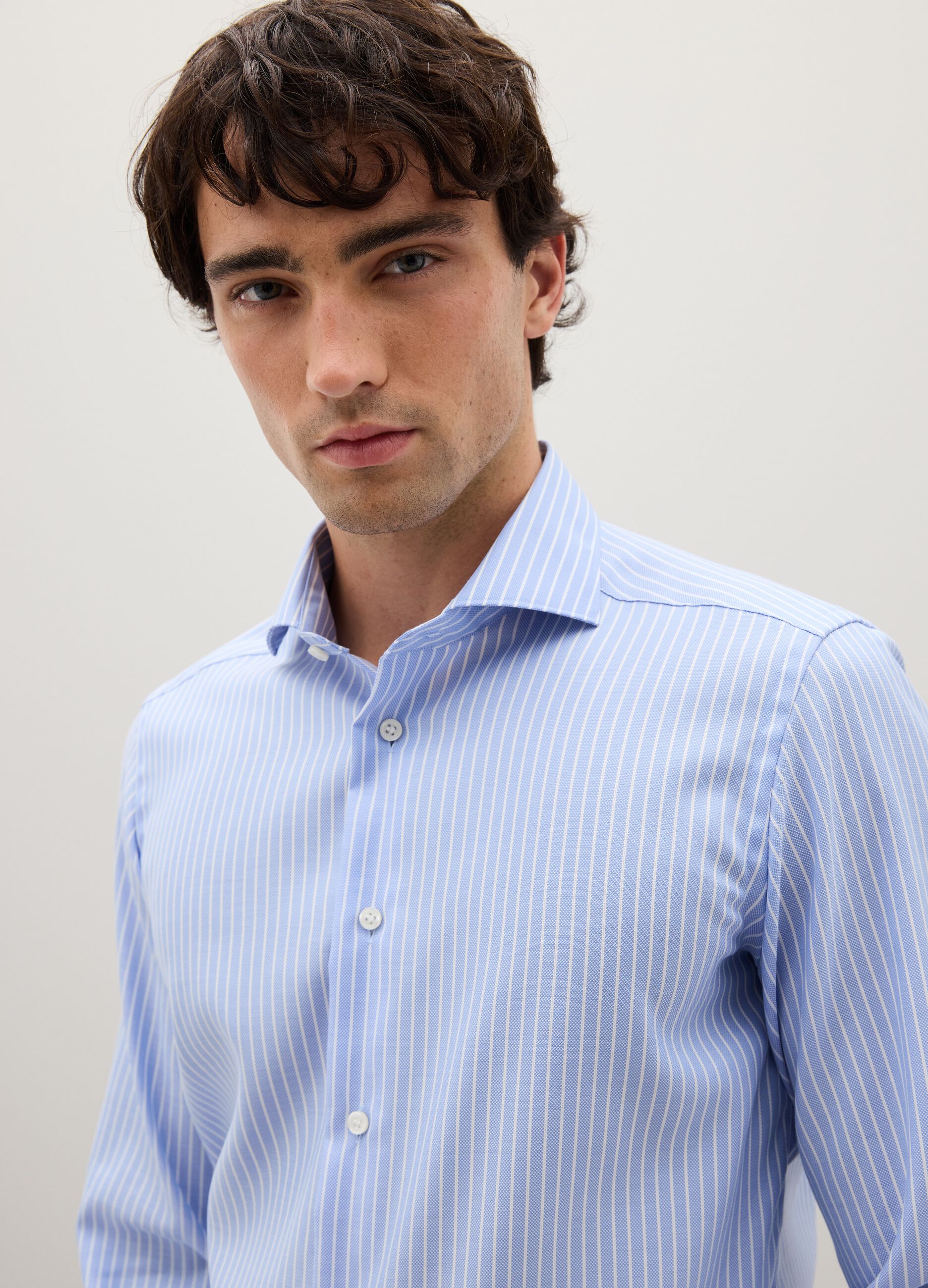Slim fit pure cotton white and blue striped shirt