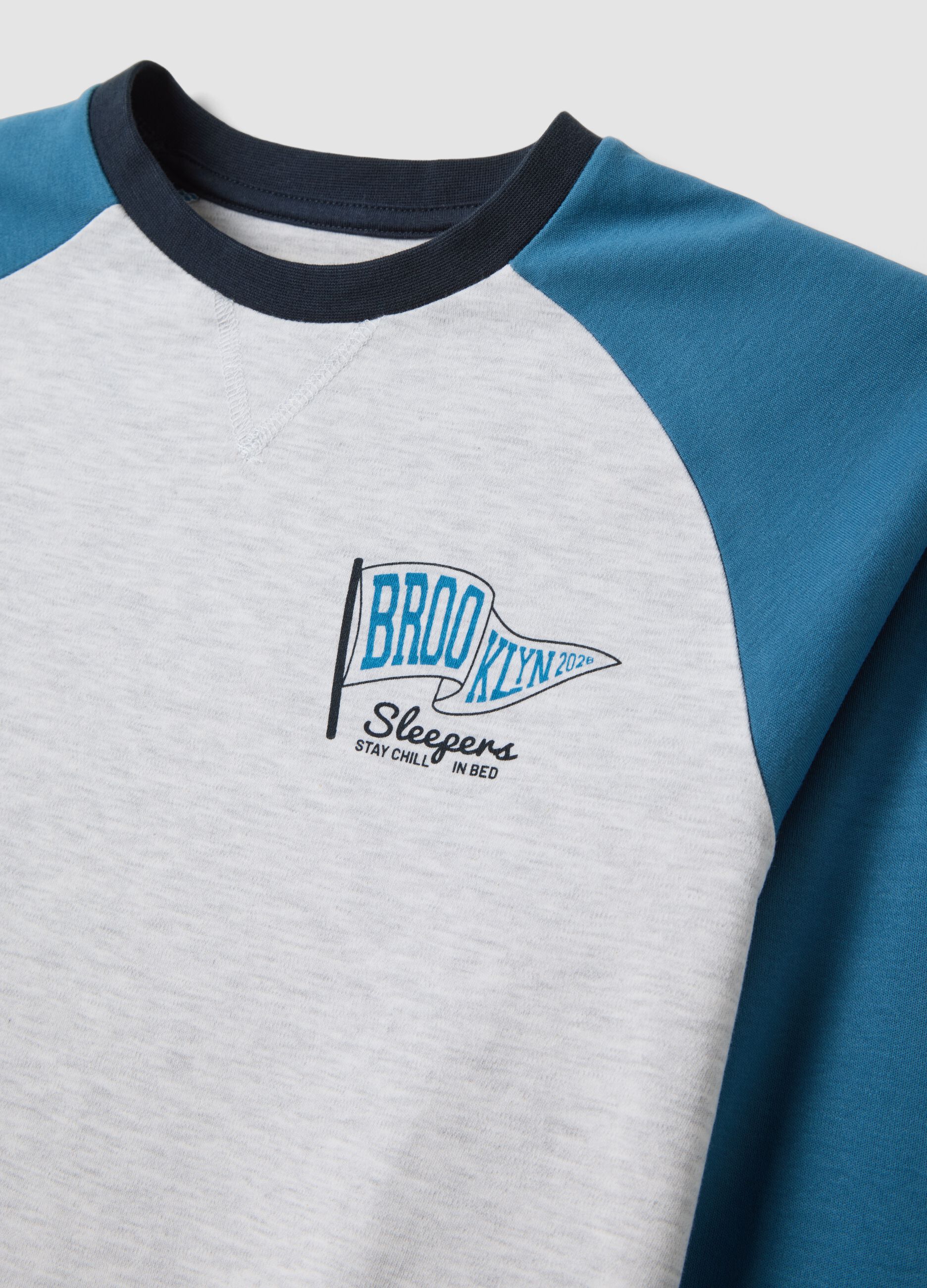 Blue and white crew-neck pyjamas in organic cotton and viscose blend