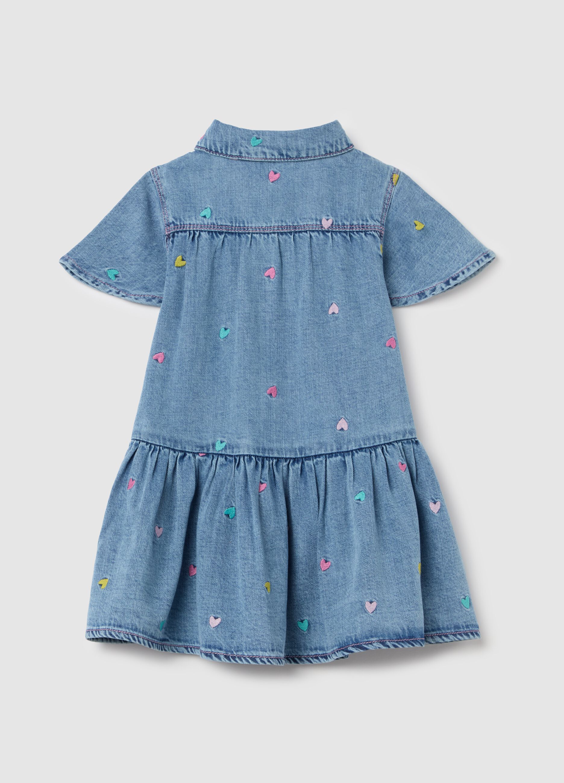 Abito in denim con balza e ricamo cuori 
