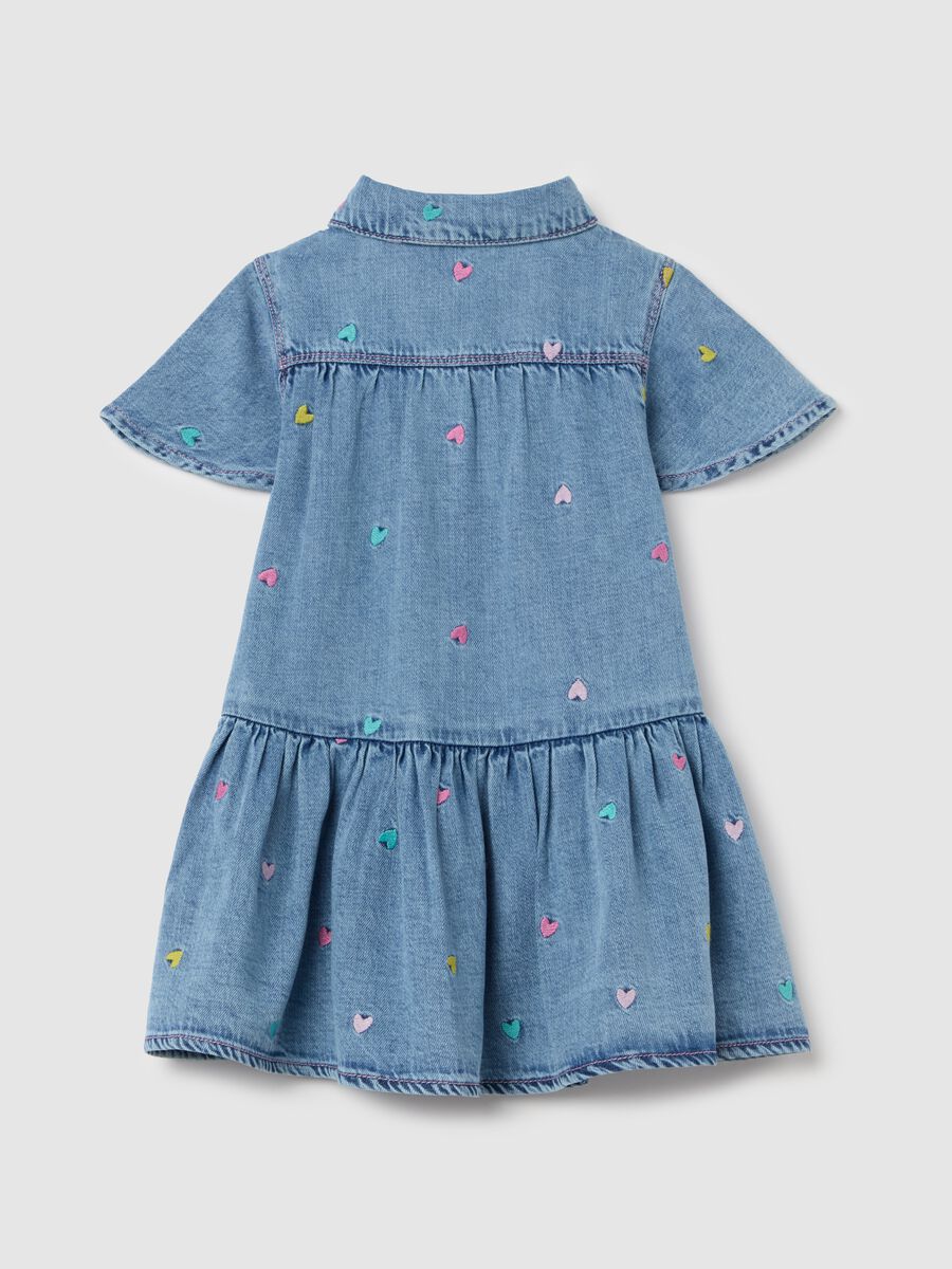 Denim dress with flounce and hearts embroidery_1