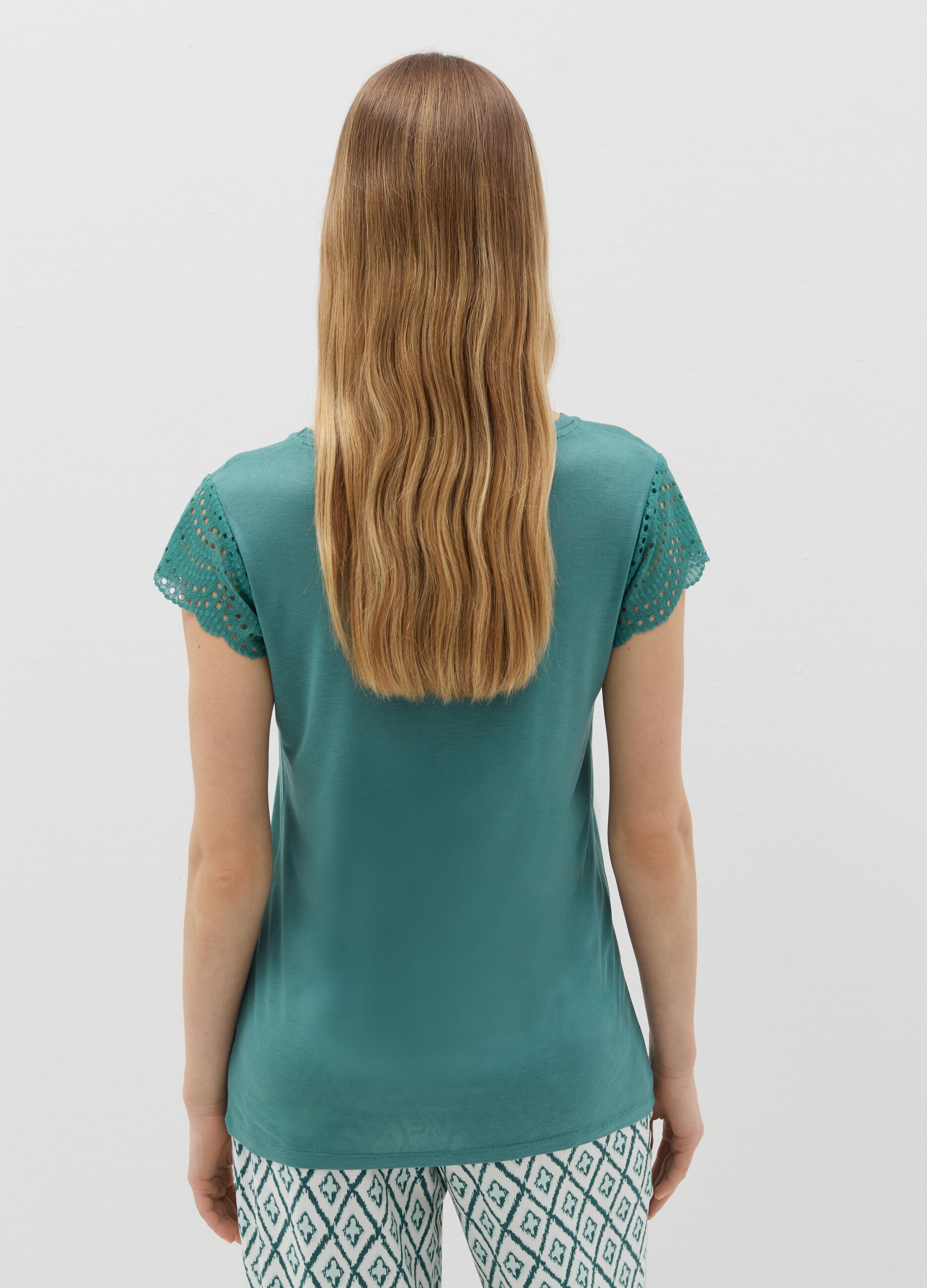 Pyjama top with broderie anglaise sleeves