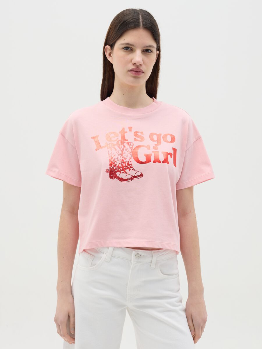 Pink cotton T-shirt with "Let's go Girl" print_0