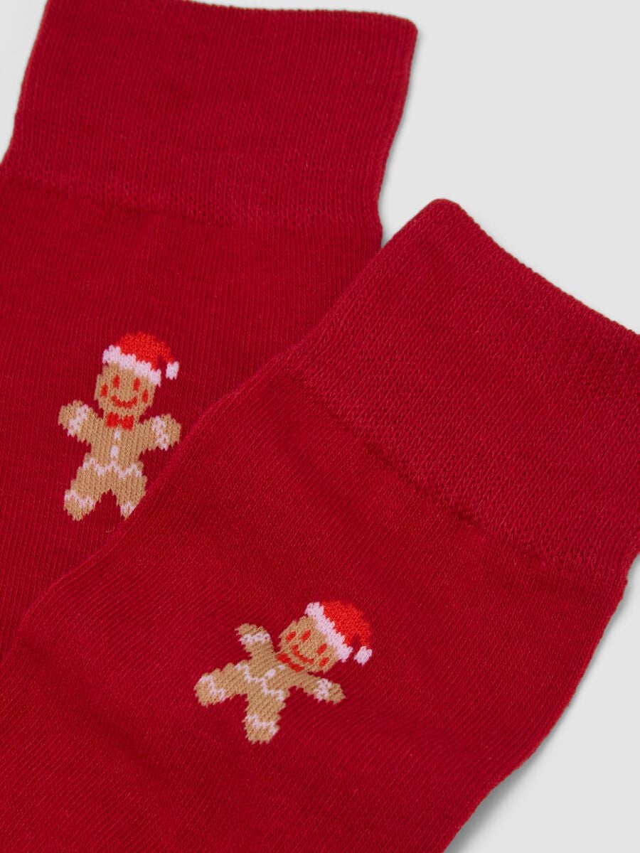 Calze lunghe rosse in cotone elasticizzato con motivo natalizio_1