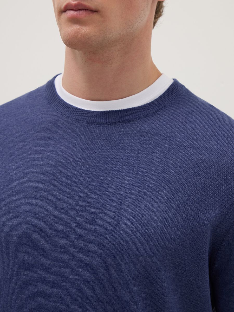 Blue cotton-blend crew neck sweater, regular fit_3