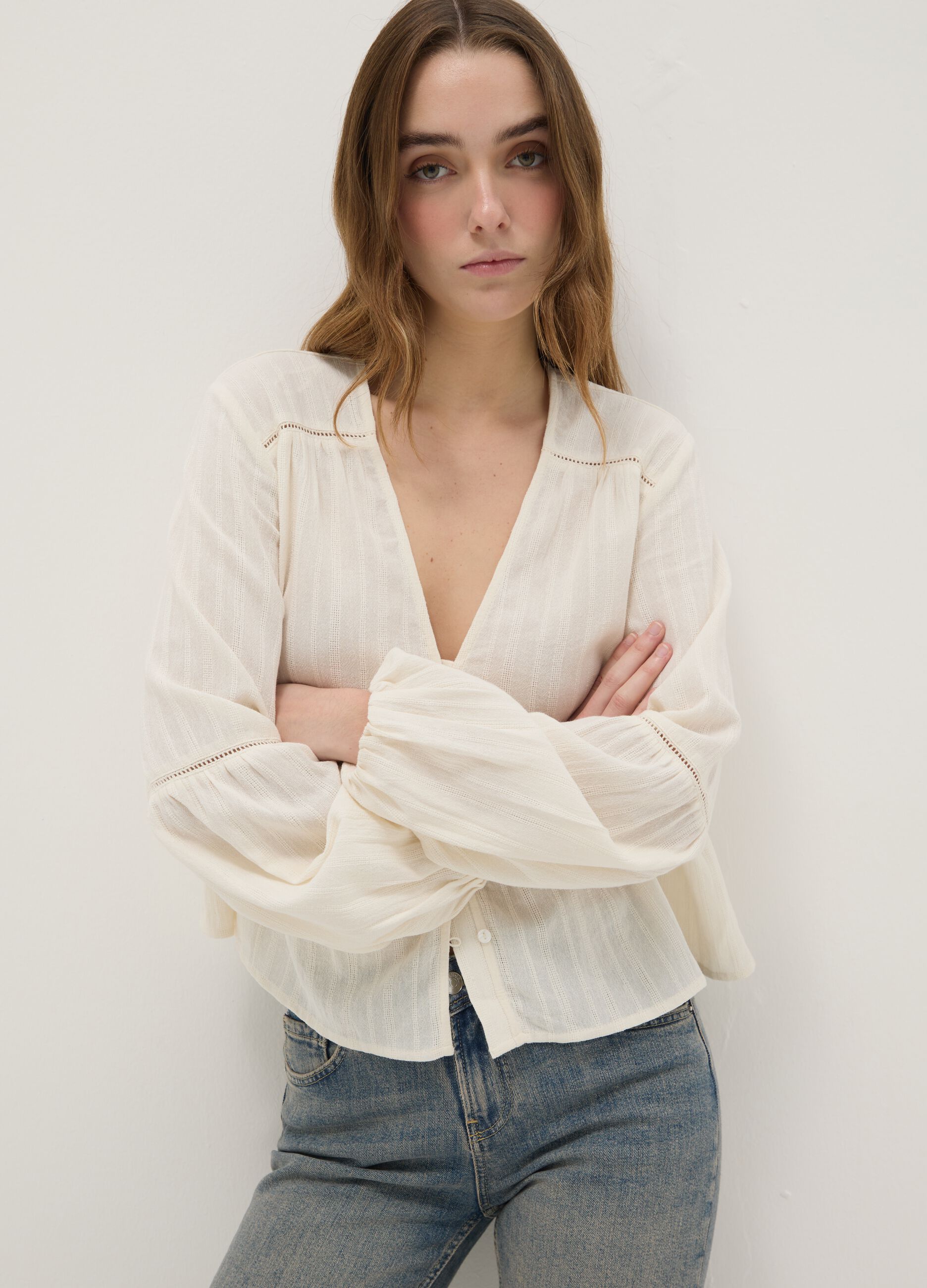 White pure cotton blouse with striped regular fit