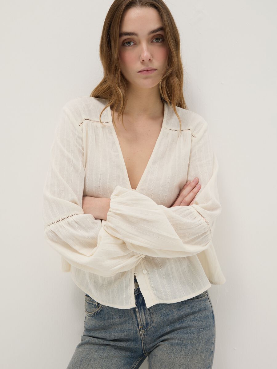 White pure cotton blouse with striped regular fit_0