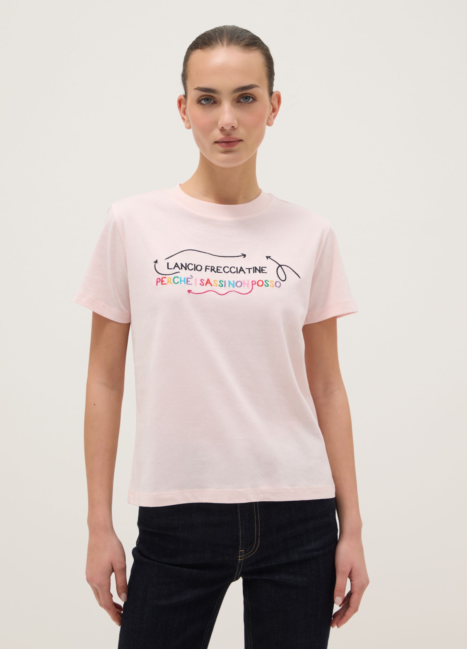Pink pure cotton regular fit T-shirt with embroidered slogan