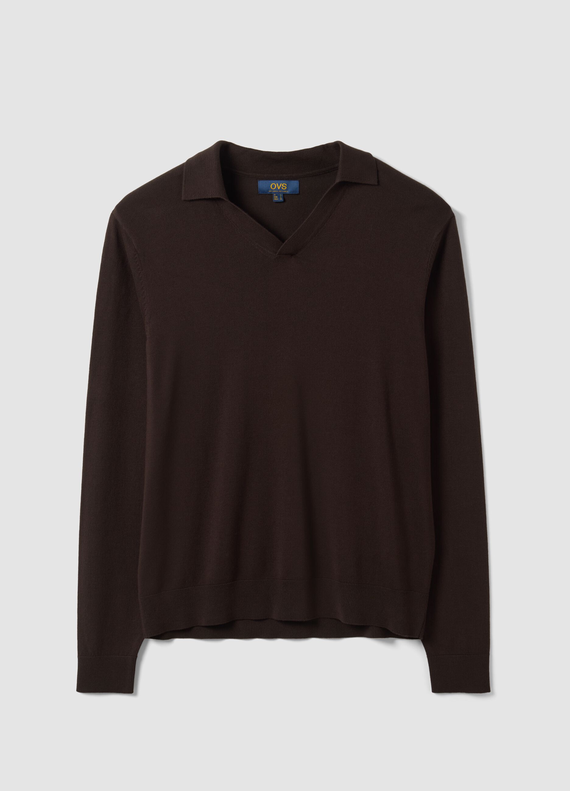Brown viscose-blend V-neck polo with collar, regular fit