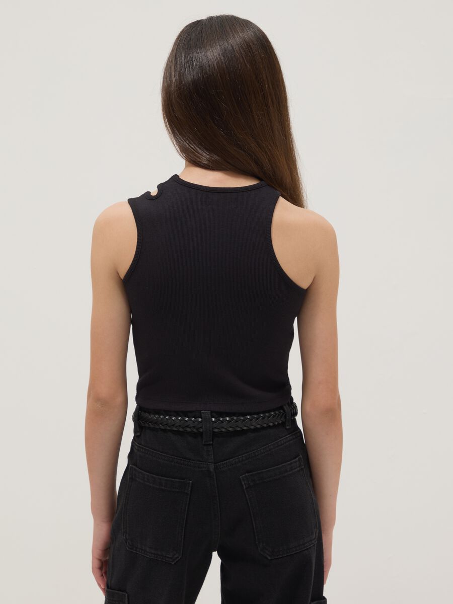 Tank top nero in cotone organico con spalla asimmetrica_1