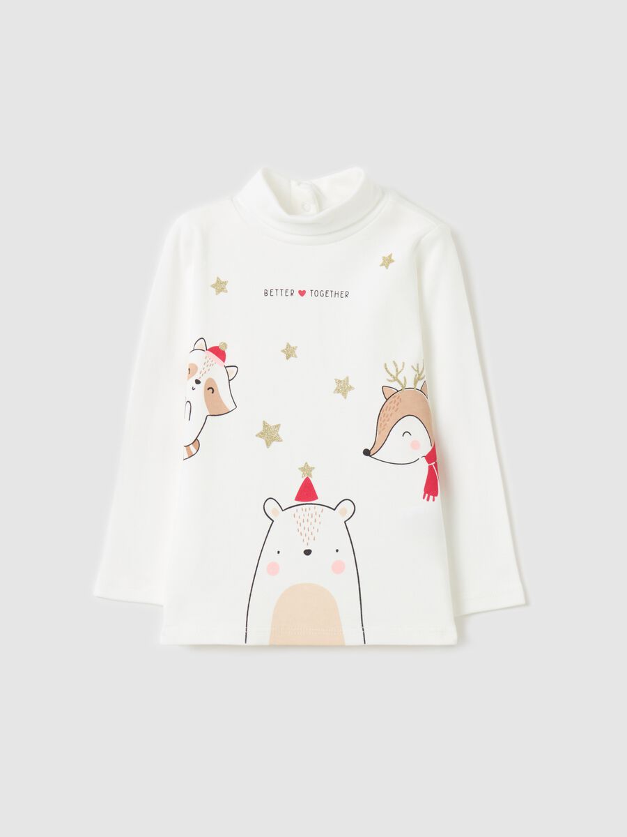 High-neck cotton T-shirt with Christmas print_0