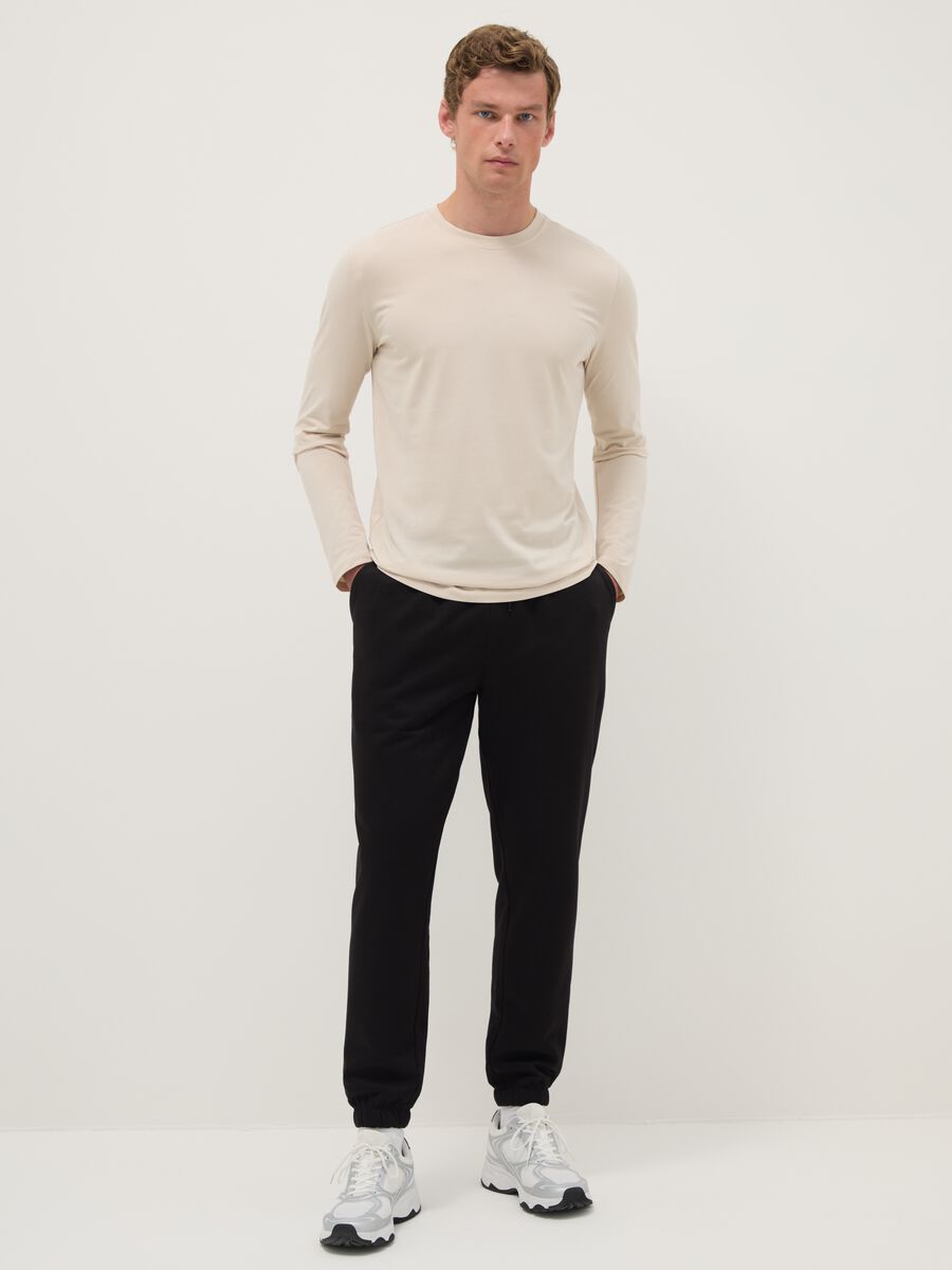 Beige long-sleeve stretch cotton regular fit t-shirt_1