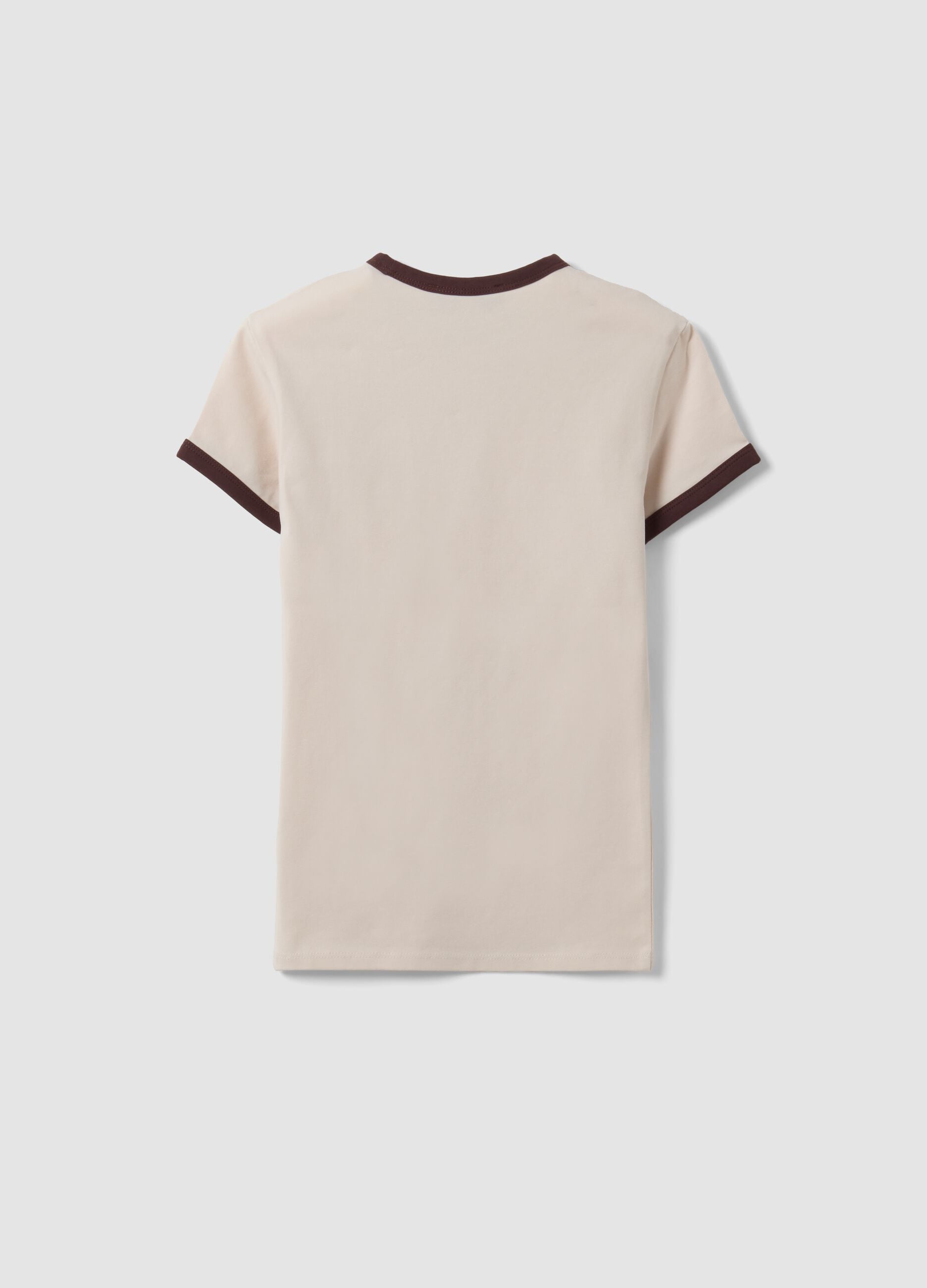 Beige fitted stretch cotton T-shirt with contrast trims