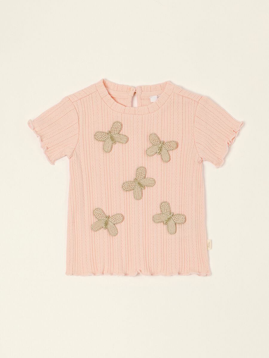 Baby girls&rsquo; pink short-sleeved cotton-blend T-shirt with appliqu&eacute; details_0