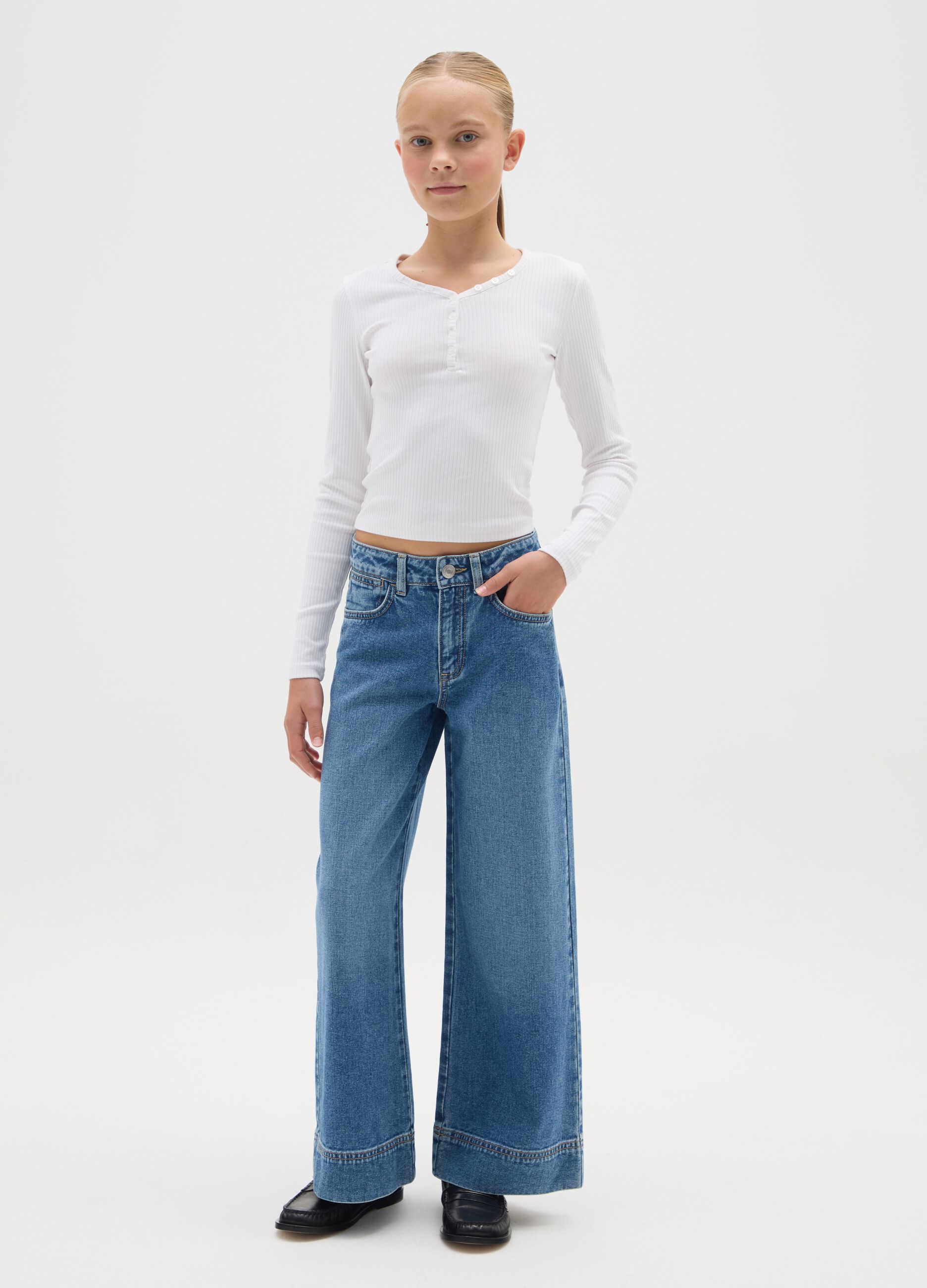 Girls' Wide Leg Blue Pure Cotton Jeans