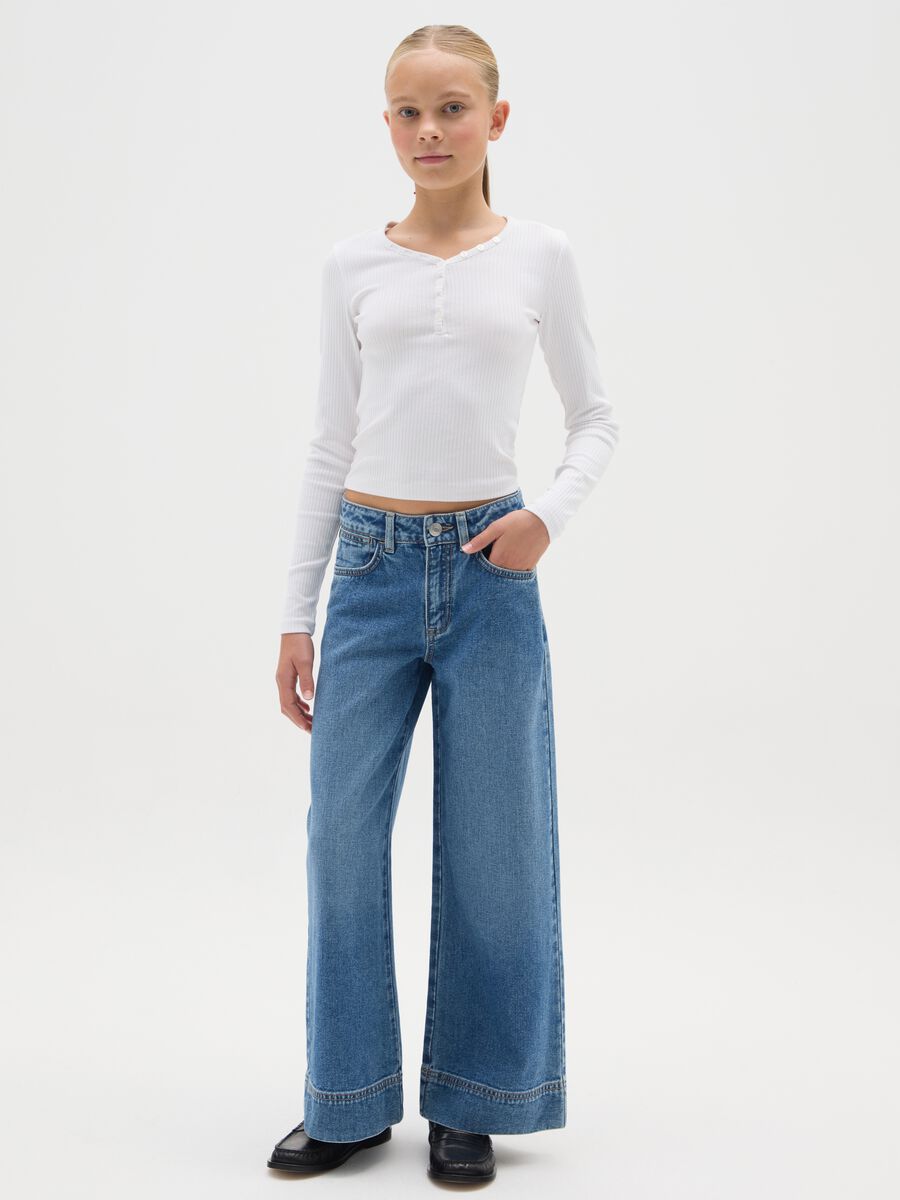 Jeans da ragazza in puro cotone blu a gamba larga_1