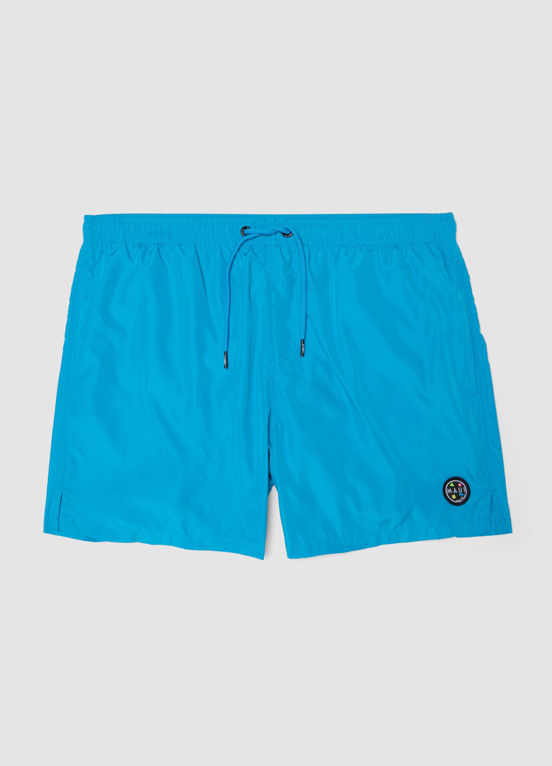 Blue swim shorts with elasticated waist and drawstring