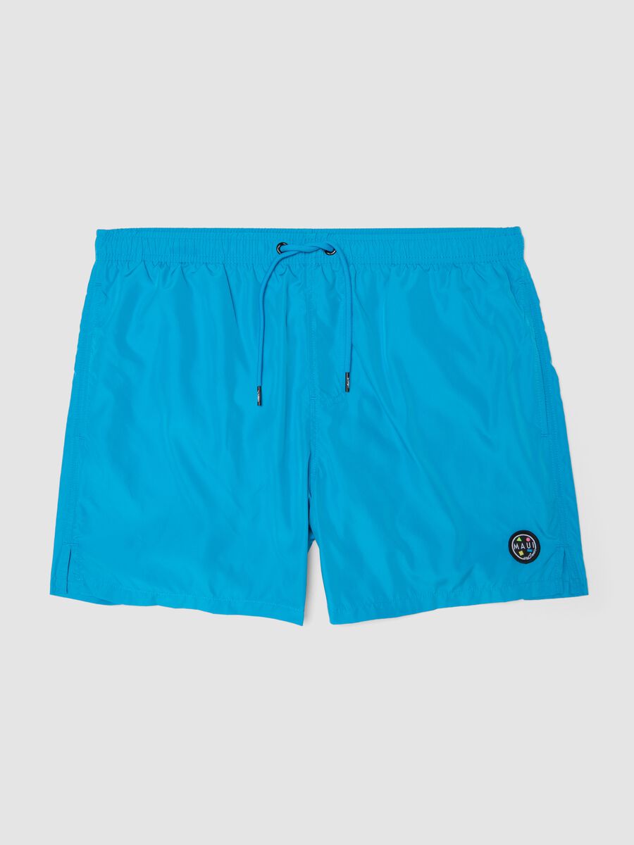 Blue swim shorts with elasticated waist and drawstring_0