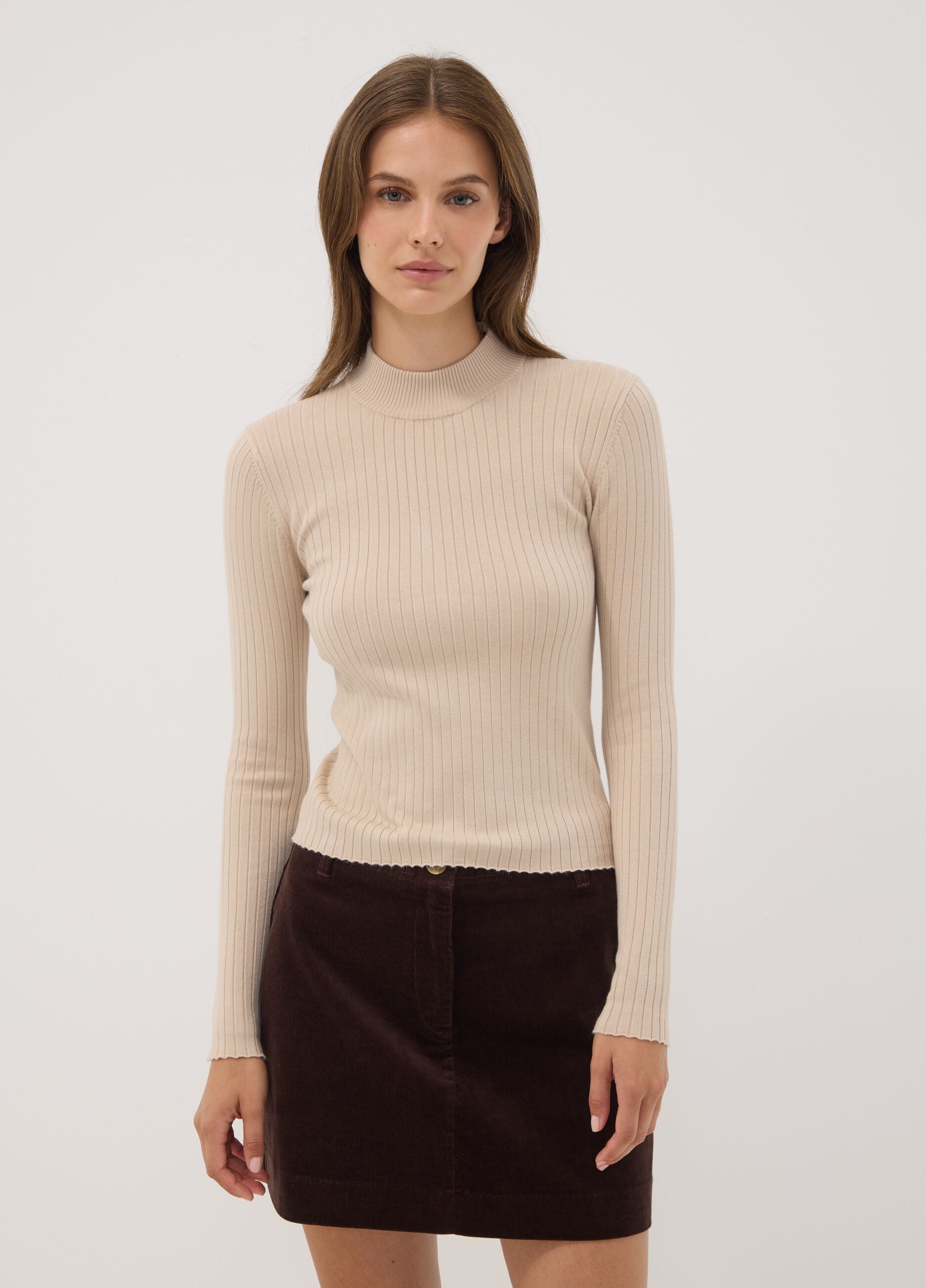 Beige ribbed viscose-blend top with high neck