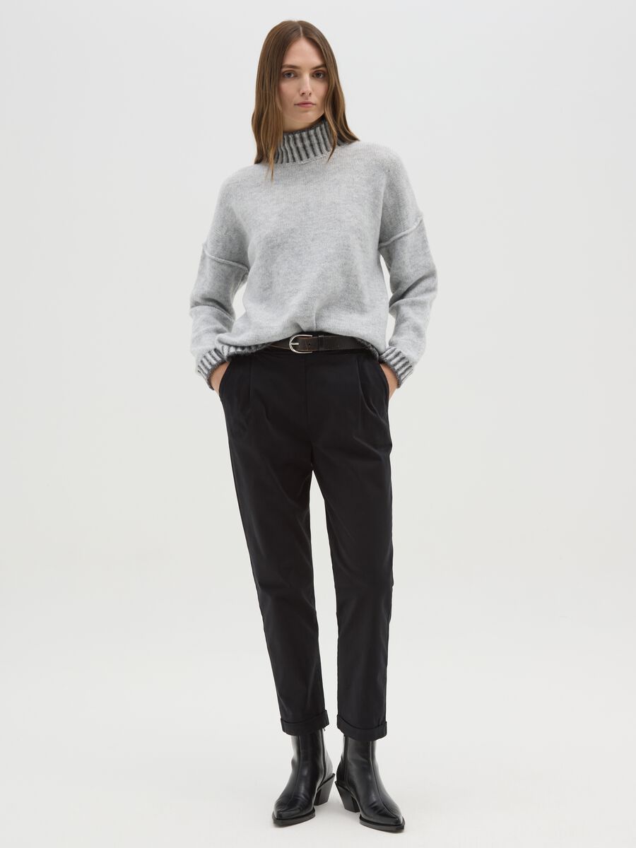 Melange grey jumper with high neck and contrast trim_1