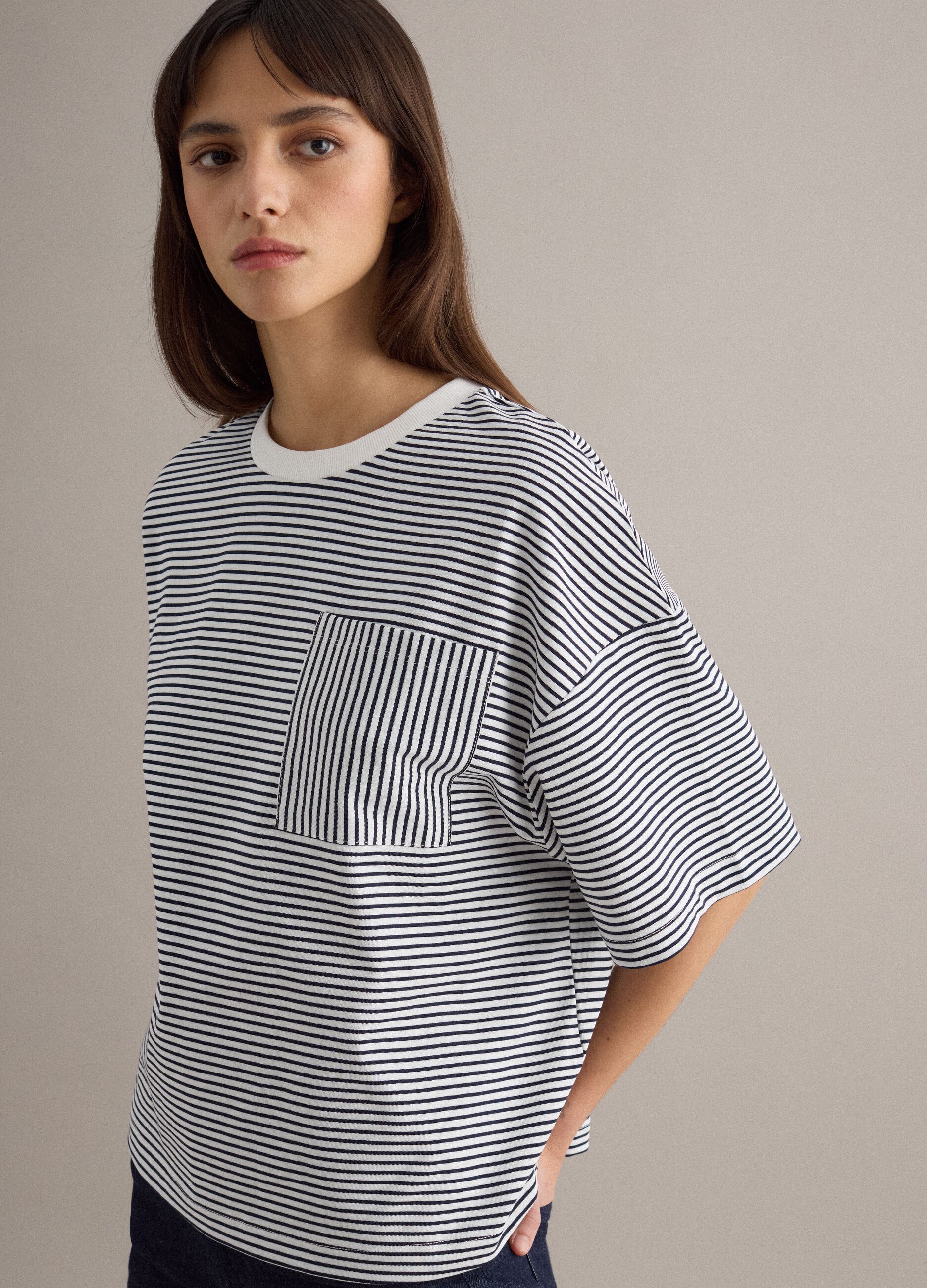 Multi-colour striped cotton blend regular fit t-shirt with pocket