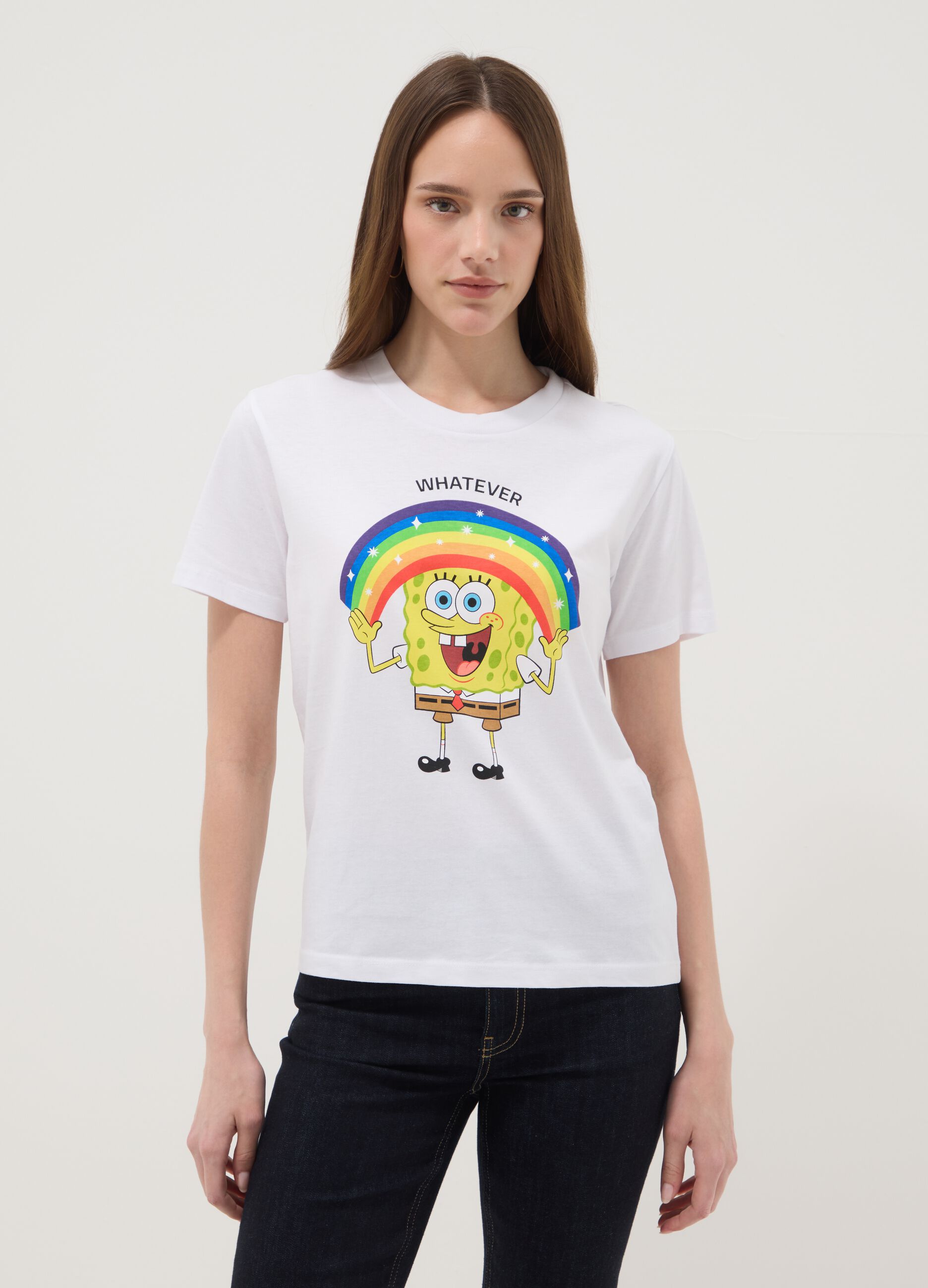 White pure cotton regular fit T-shirt with SpongeBob print