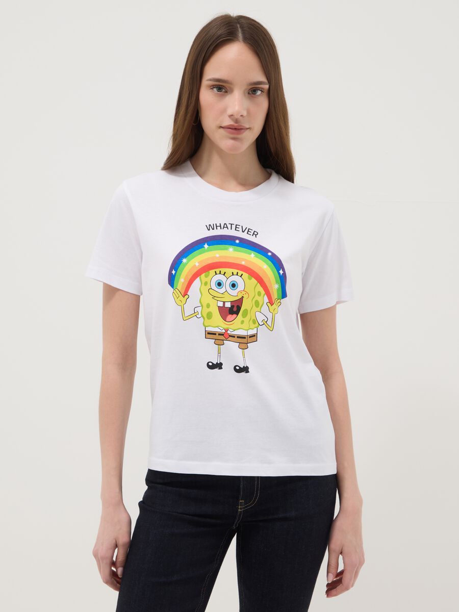 White pure cotton regular fit T-shirt with SpongeBob print_1
