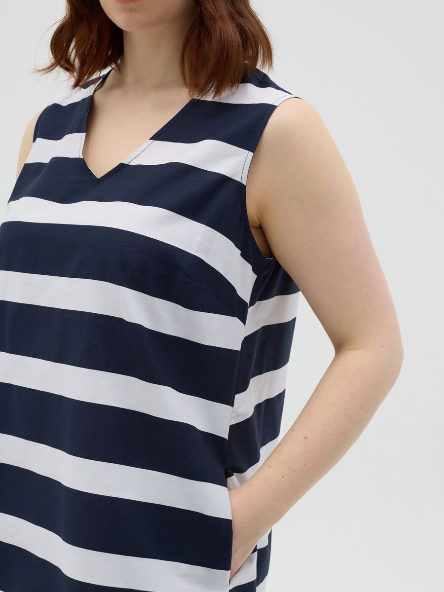 Sleeveless blue and white striped cotton dress_2