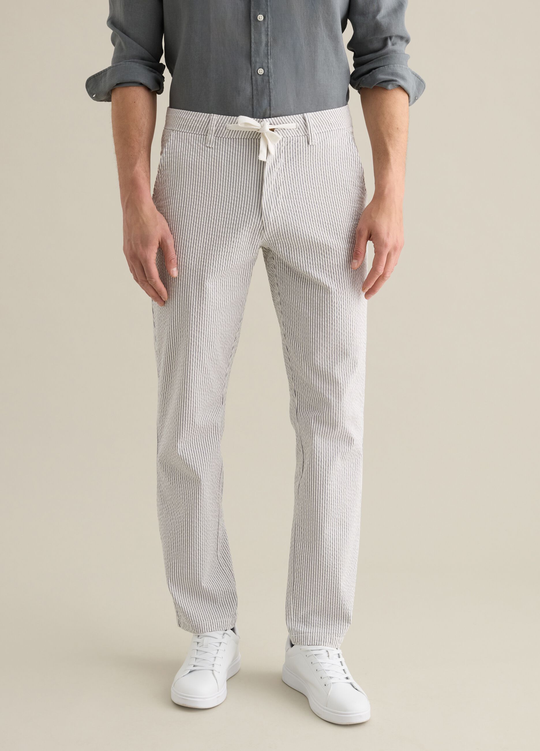Seersucker chino trousers with white and grey stripes